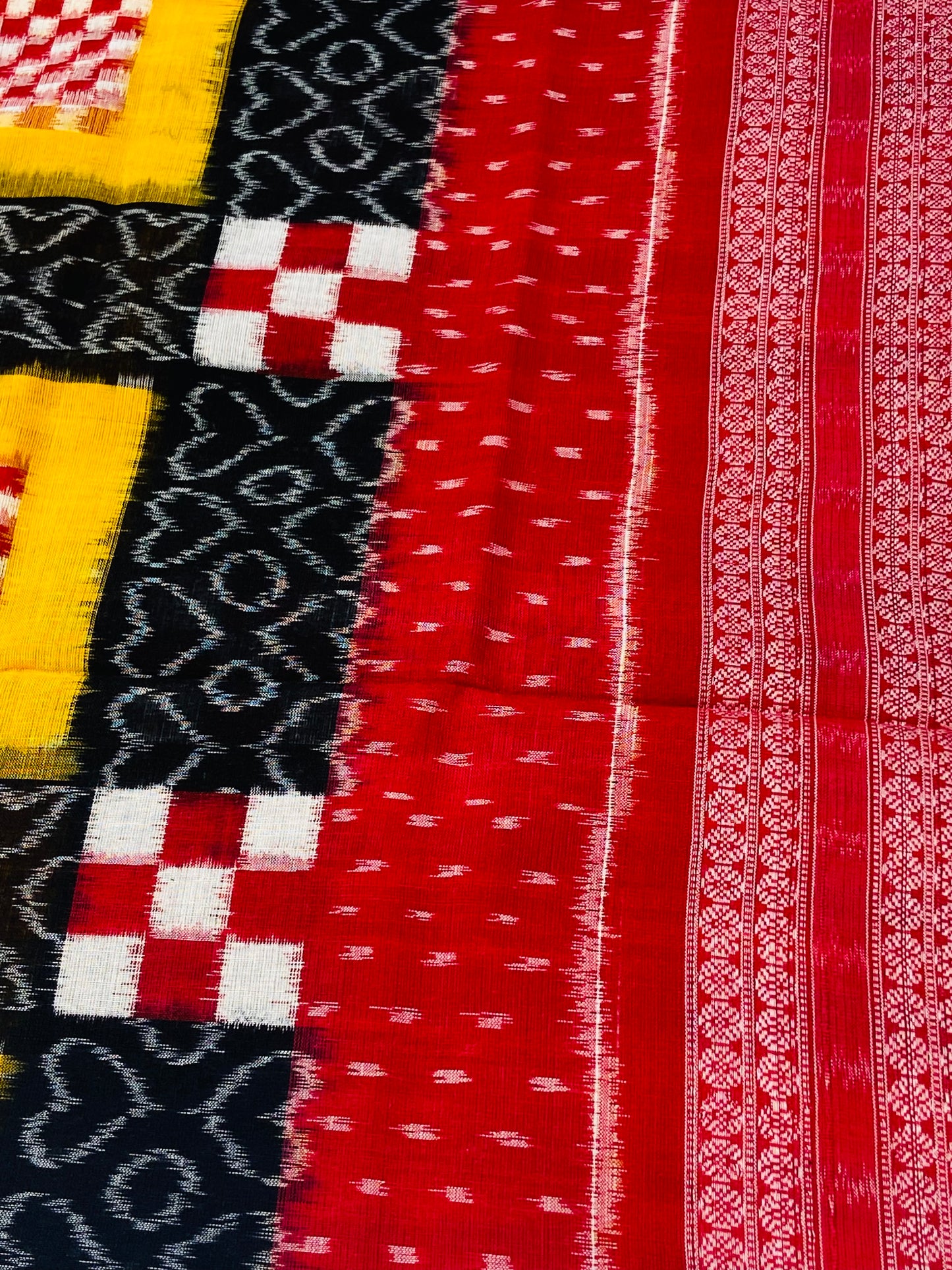 Black Yellow Red Sapta Sambalpuri Ikat Saree - Tilottama
