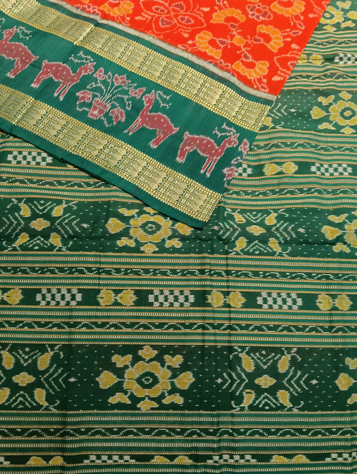 Orange Green Double Border Sambalpuri Ikat Saree - Tilottama