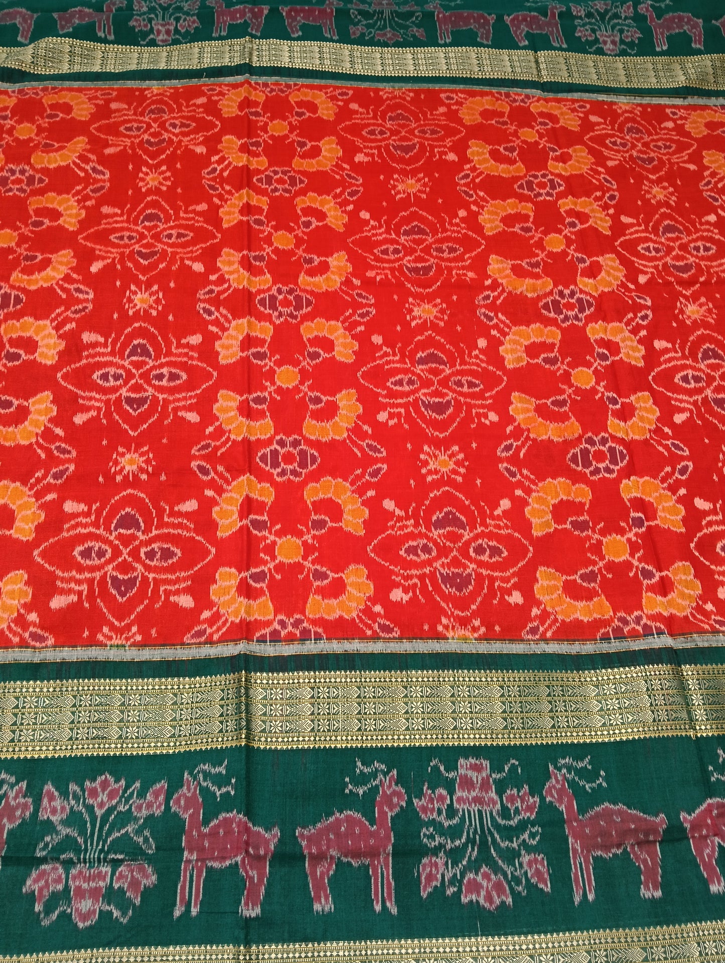 Orange Green Double Border Sambalpuri Ikat Saree - Tilottama