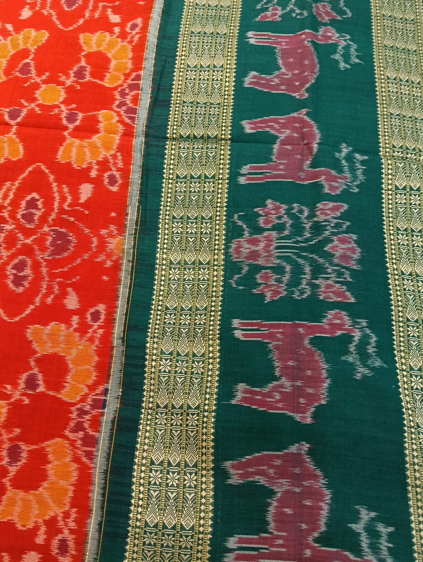 Orange Green Double Border Sambalpuri Ikat Saree - Tilottama