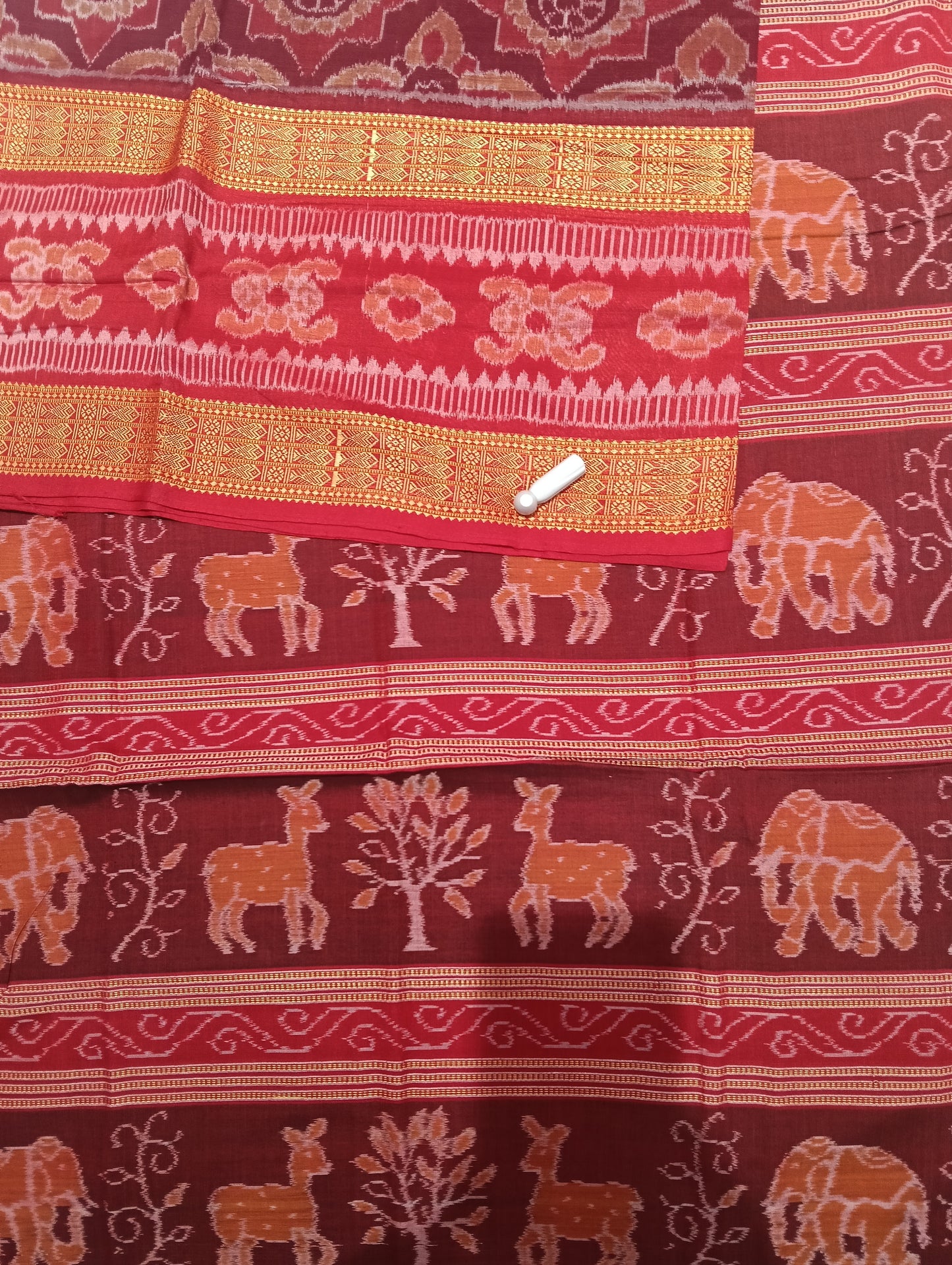 Red merron double border ikat sambalpuri saree - Tilottama