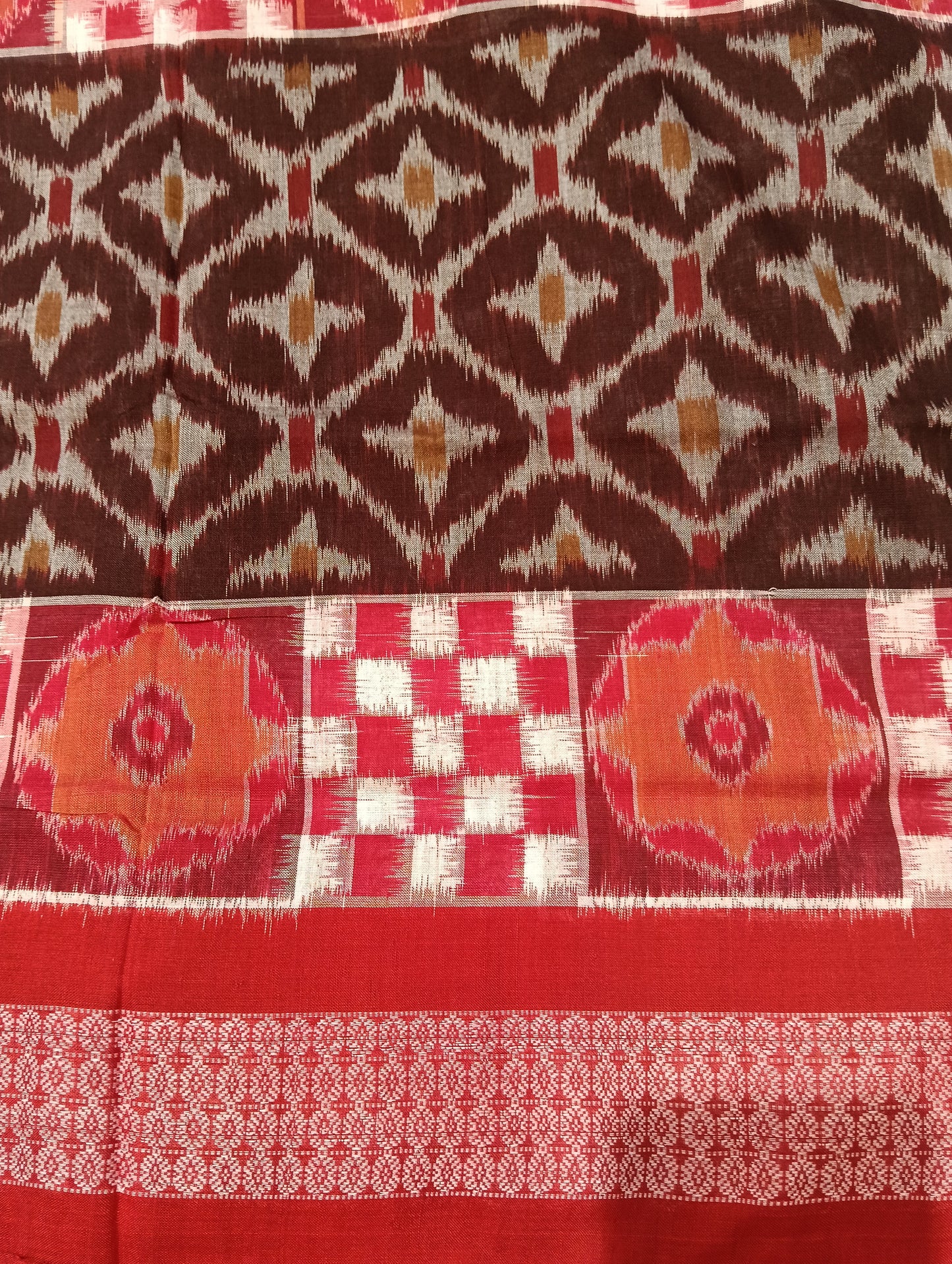 Brown red white sapta sambalpuri saree - Tilottama
