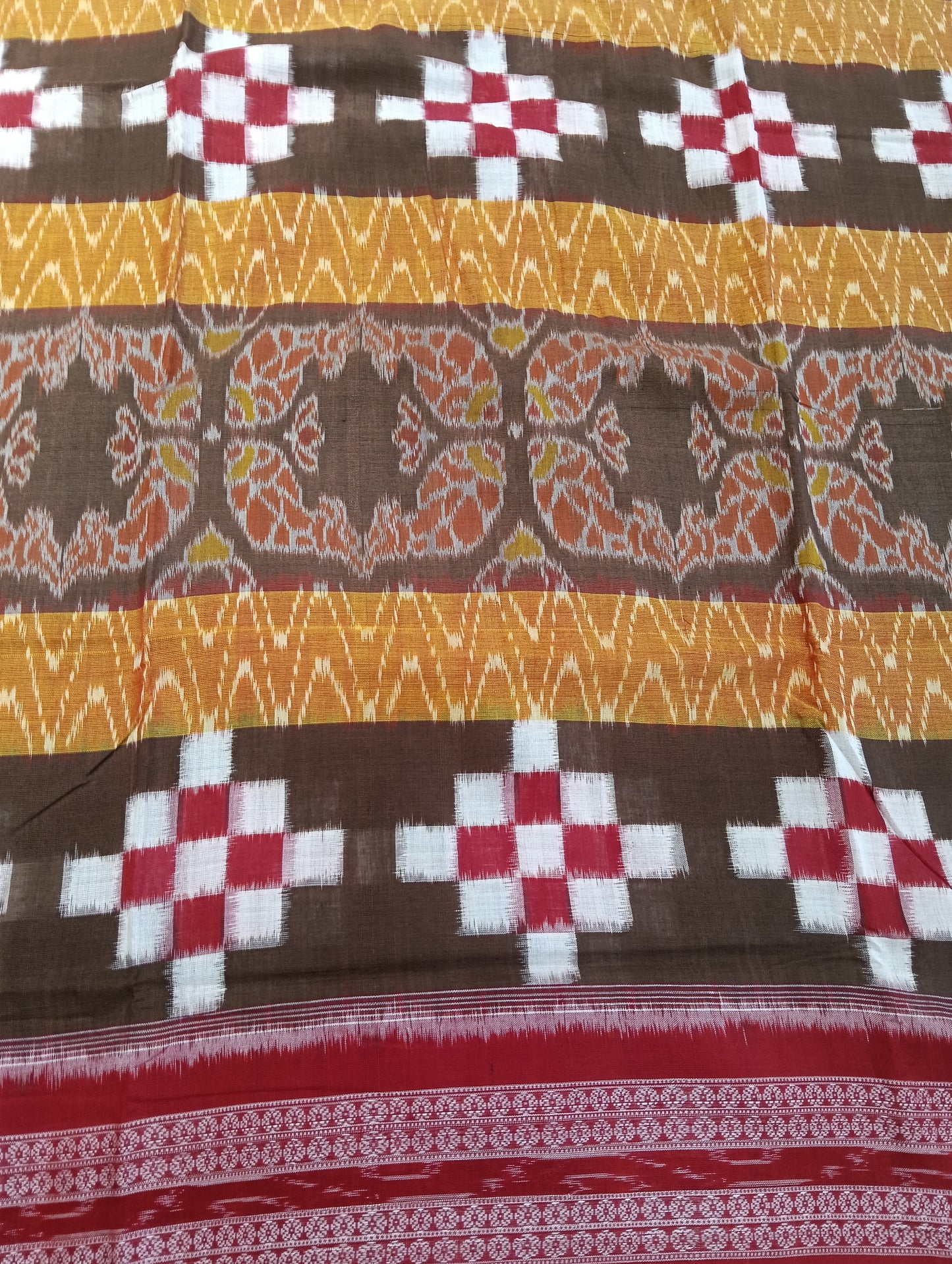 Yellow red white sapta cotton sambalpuri saree - Tilottama