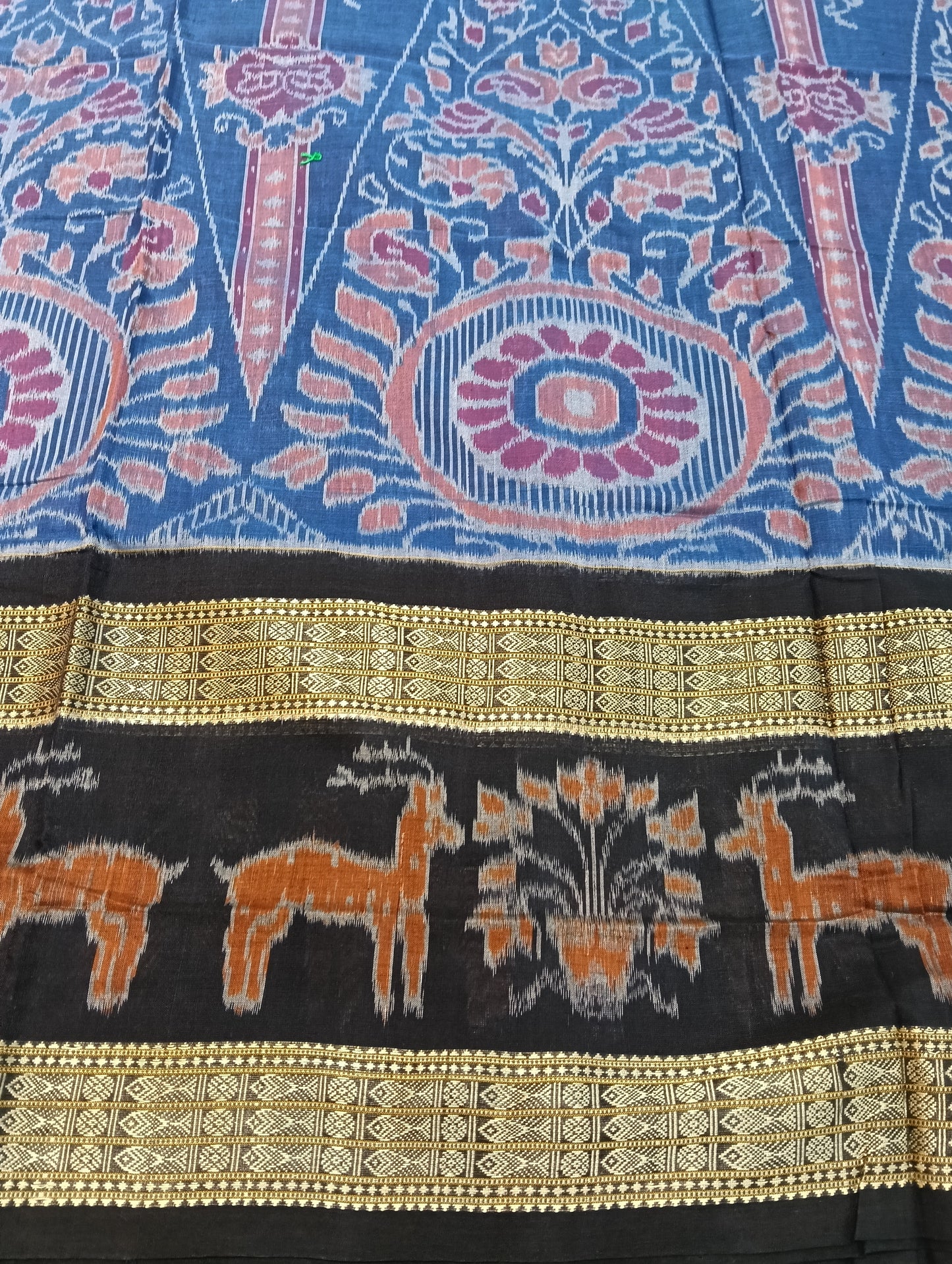 Blue black double border ikat cotton sambalpuri saree - Tilottama