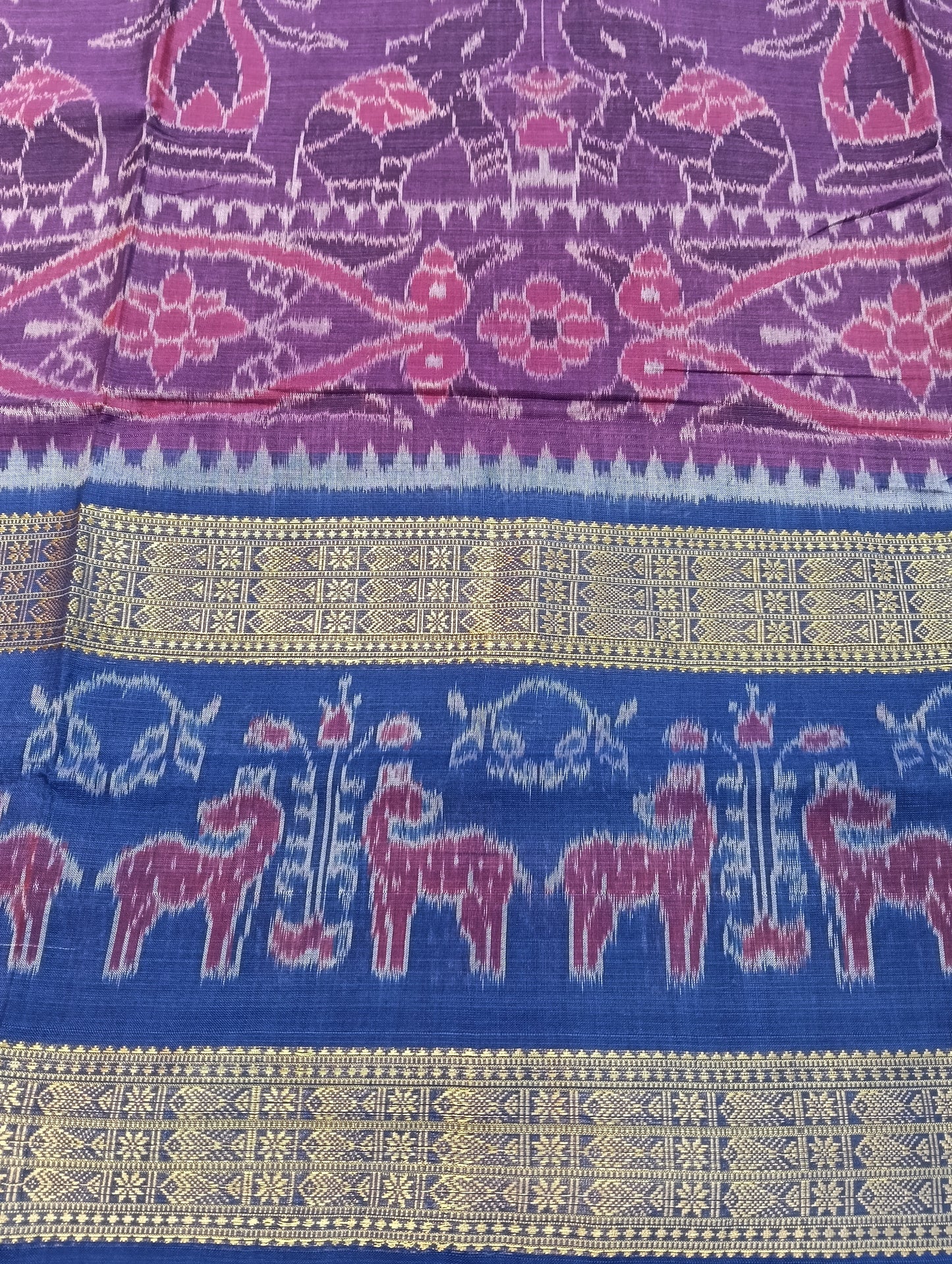 Purpal blue double border ikat cotton sambalpuri saree - Tilottama