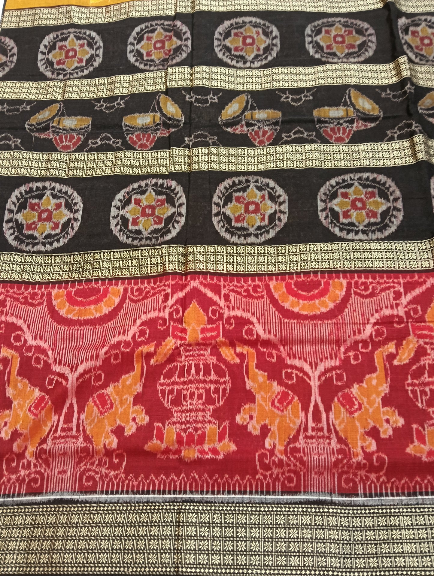 Black red yellow 6th border cotton ikat sambalpuri saree - Tilottama