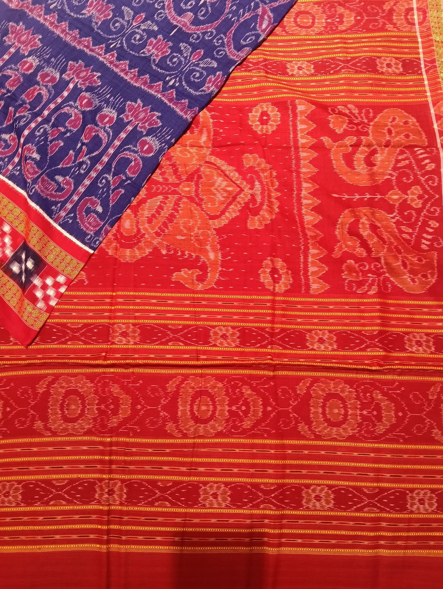 Blue red sapta boder cotton sambalpuri saree - Tilottama