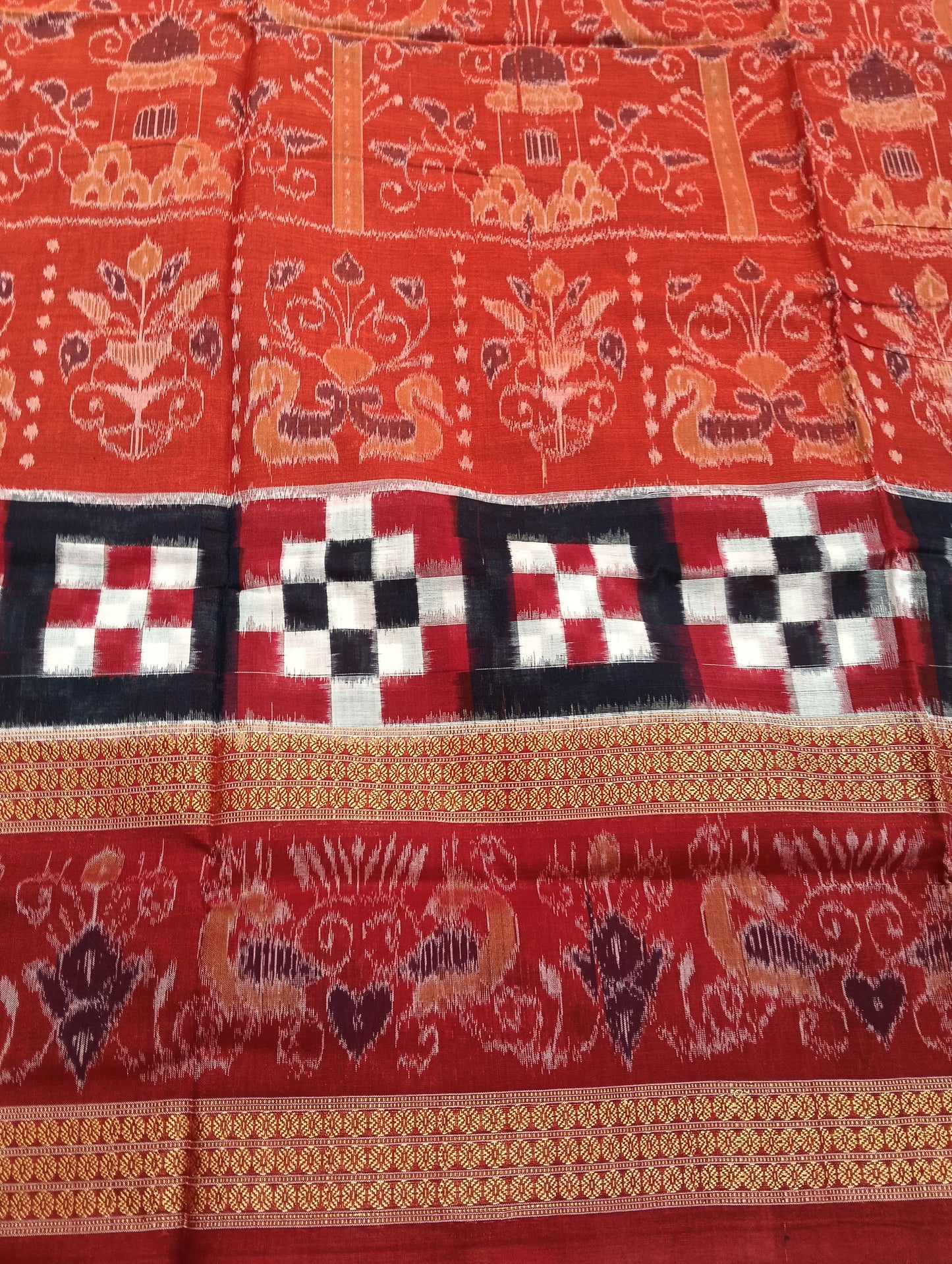 Orange red double border sapta cotton sambalpuri saree - Tilottama