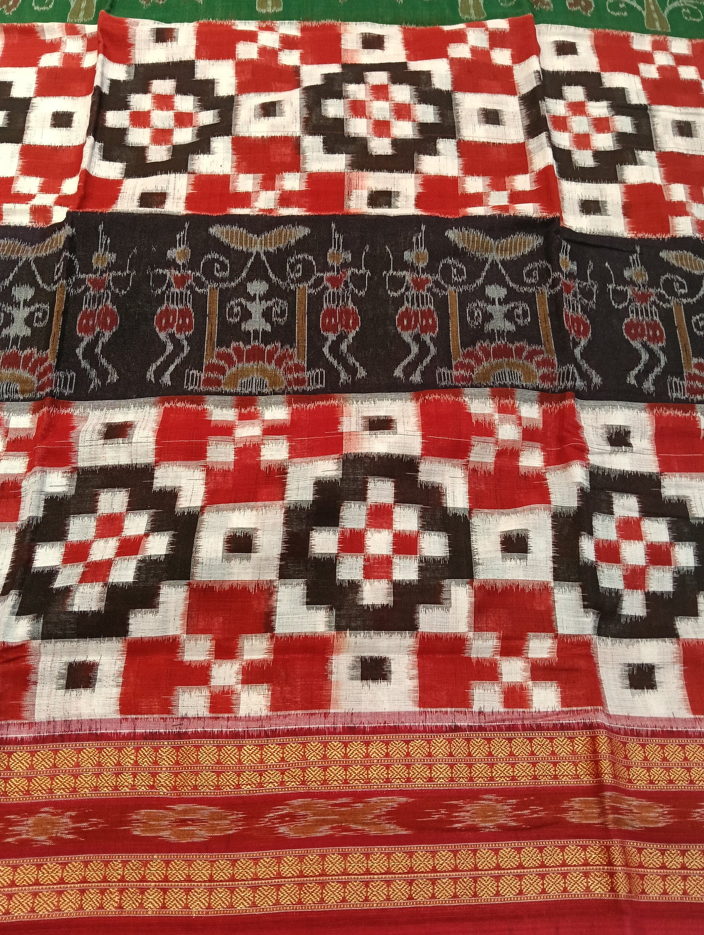Green red white sapta cotton sambalpuri saree - Tilottama