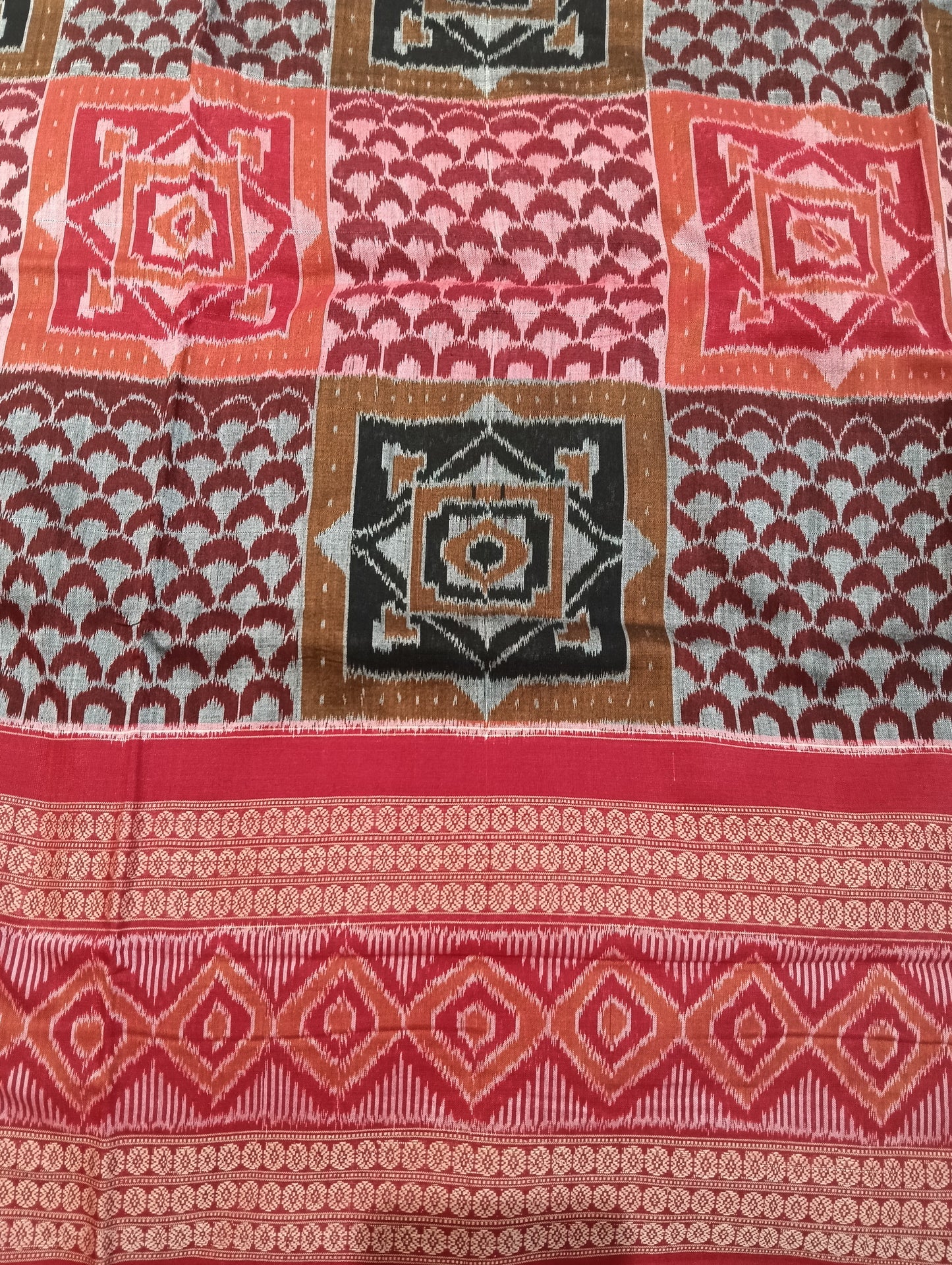 Orange red double boder cotton sambalpuri saree - Tilottama