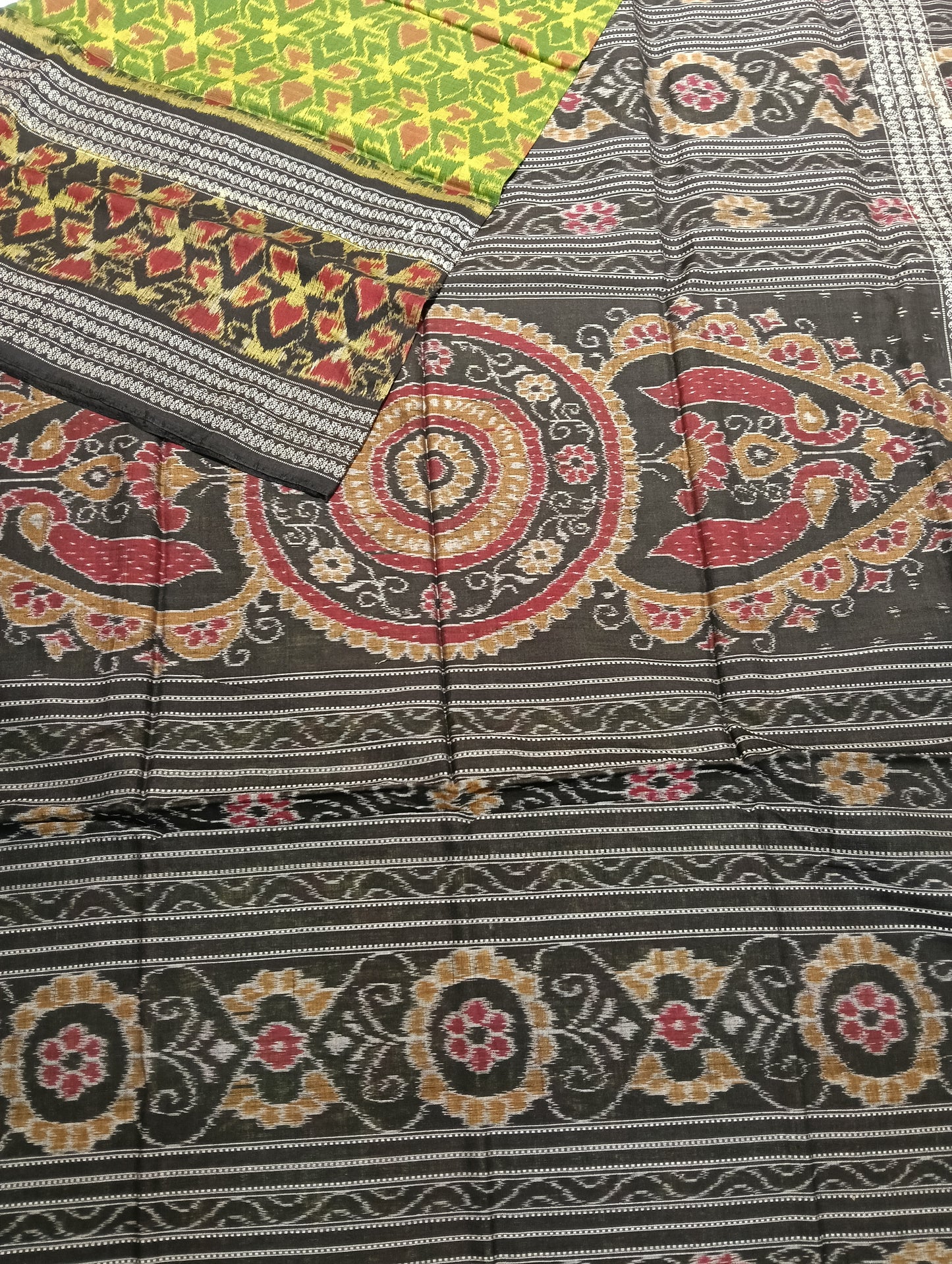 Black green double border ikat sambalpuri saree - Tilottama
