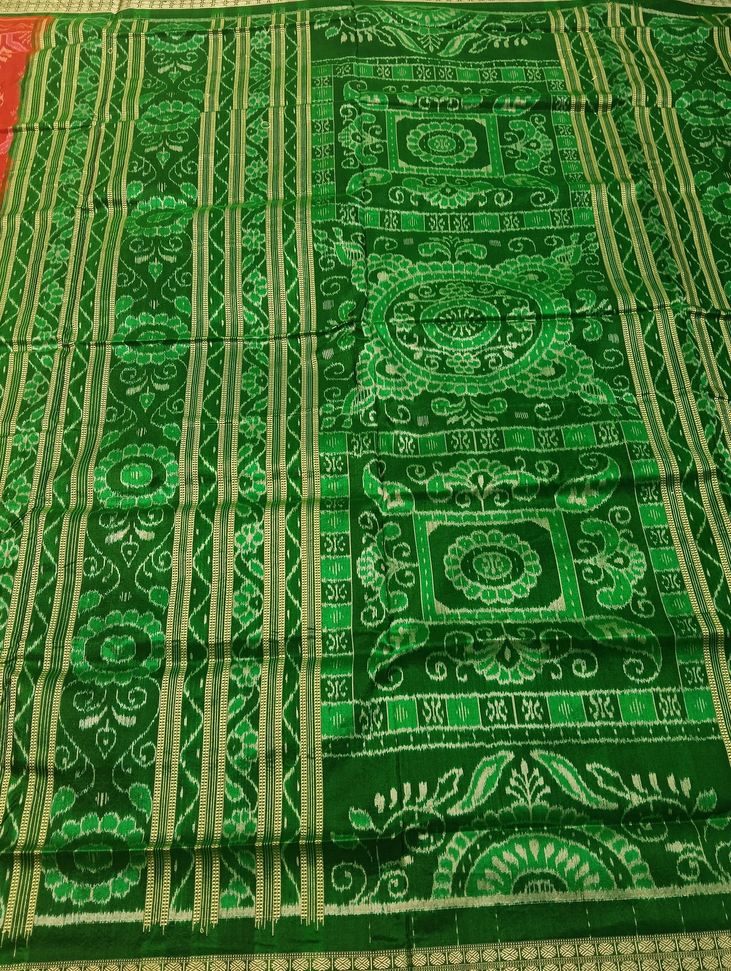 Red green sambalpuri silk patta saree - Tilottama