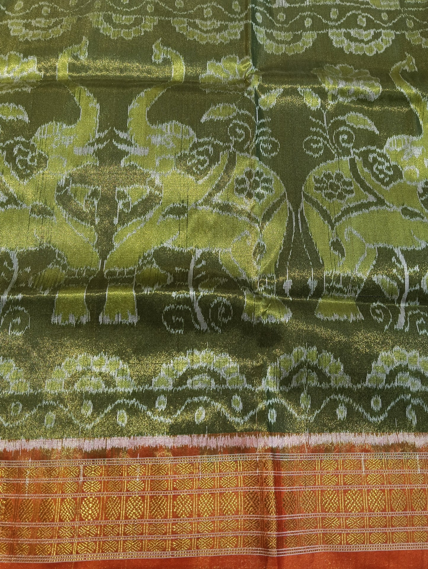 Chatni green Orange sambalpuri silk tissue patta saree - Tilottama