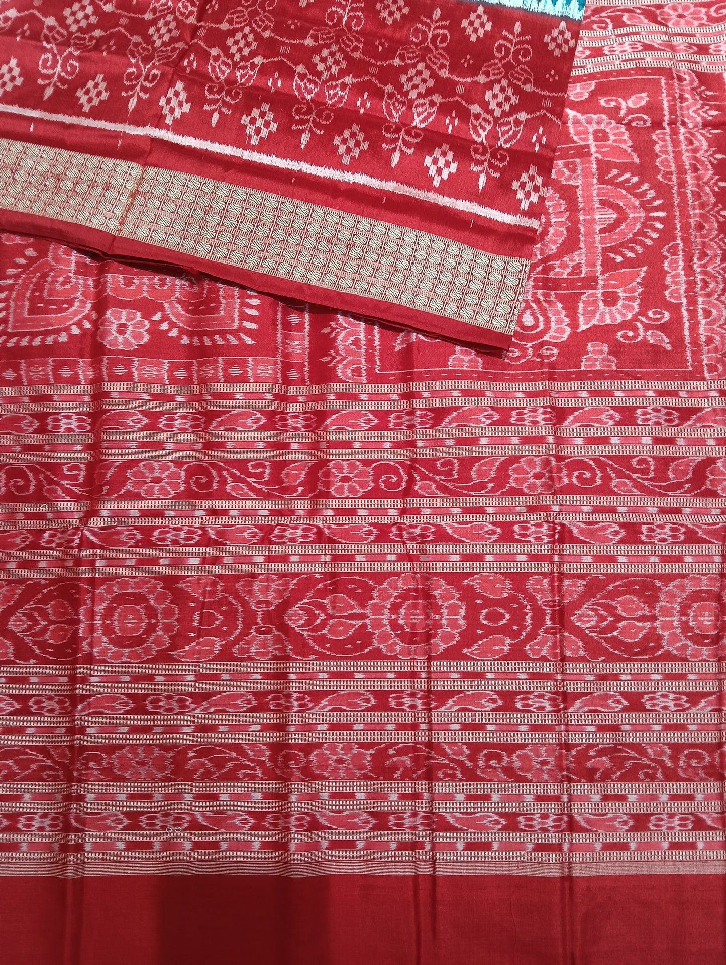 Sea blue red sambalpuri silk saree (3775) - Tilottama