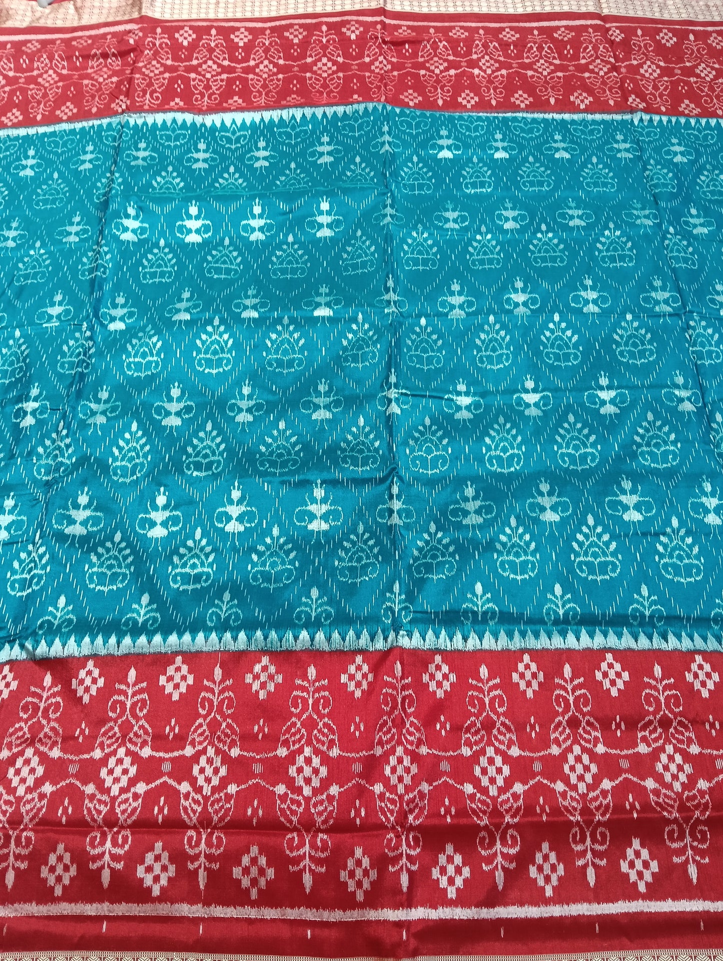 Sea blue red sambalpuri silk saree (3775) - Tilottama