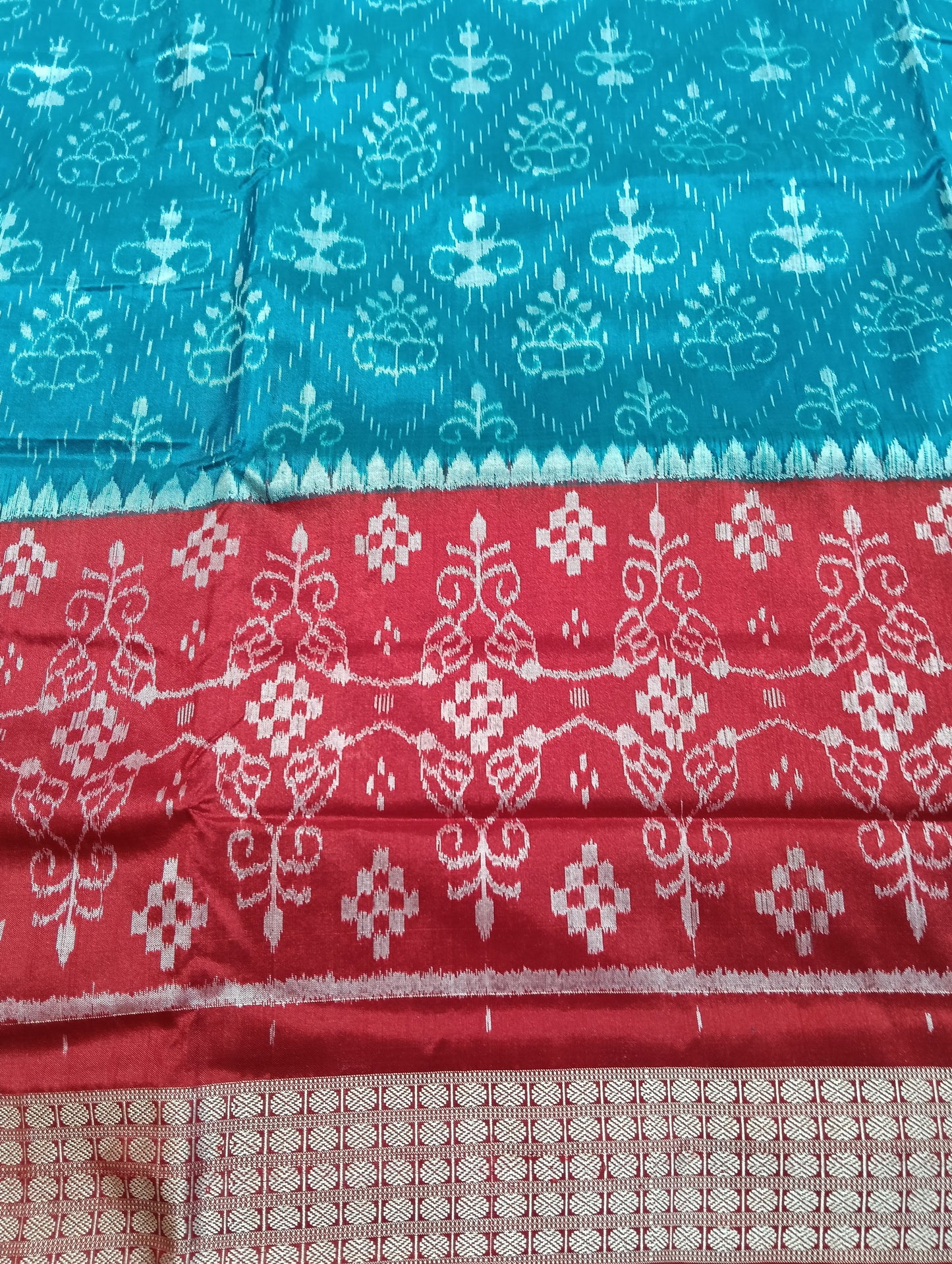 Sea blue red sambalpuri silk saree (3775) - Tilottama