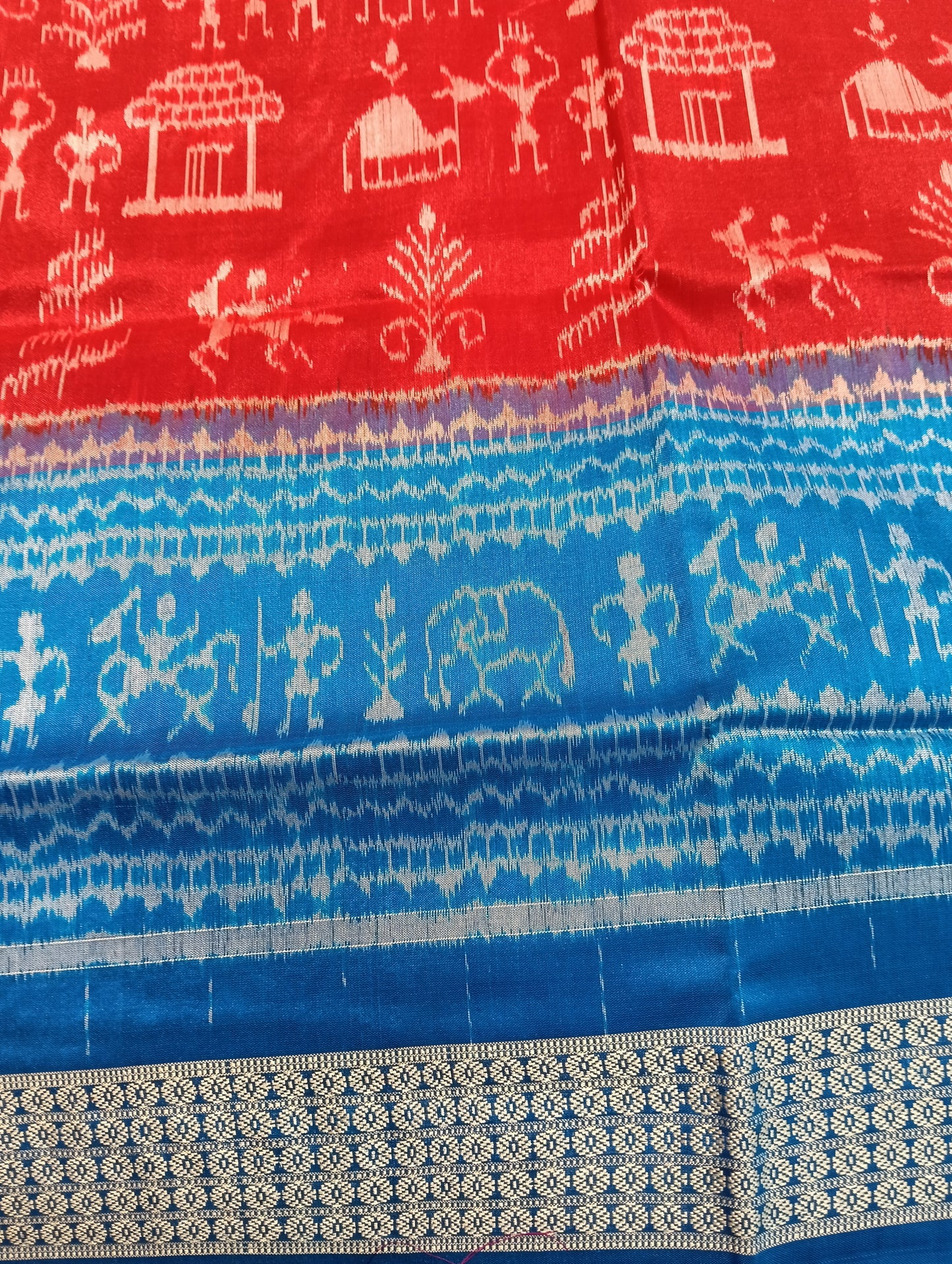 Tort blue red sambalpuri silk saree (2565) - Tilottama