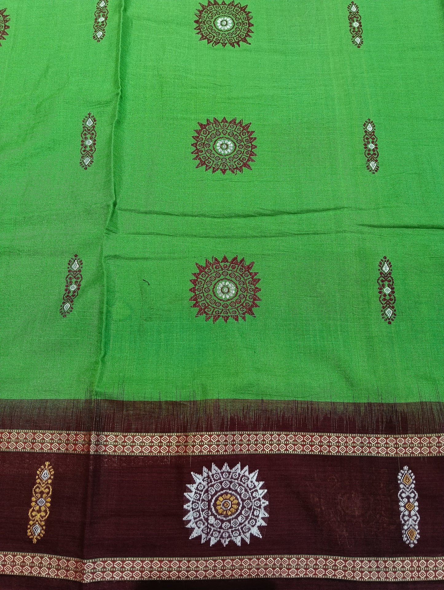 Lime marron cotton sambalpuri saree (4062) - Tilottama