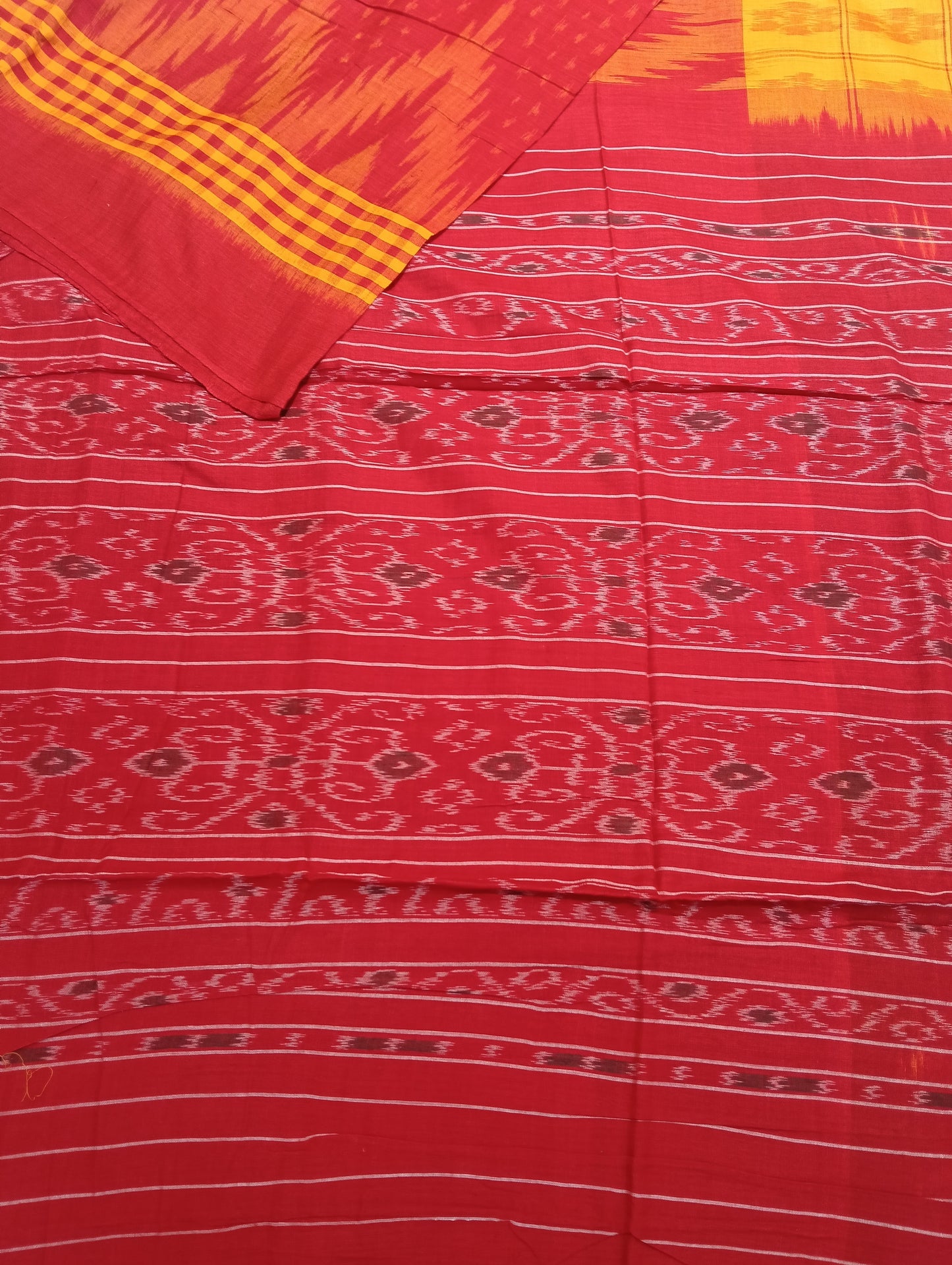 Yellow red cotton sambalpuri plain border saree (3076) - Tilottama