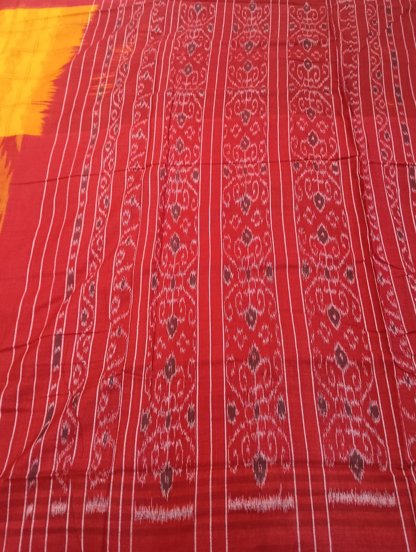 Yellow red cotton sambalpuri plain border saree (3076) - Tilottama