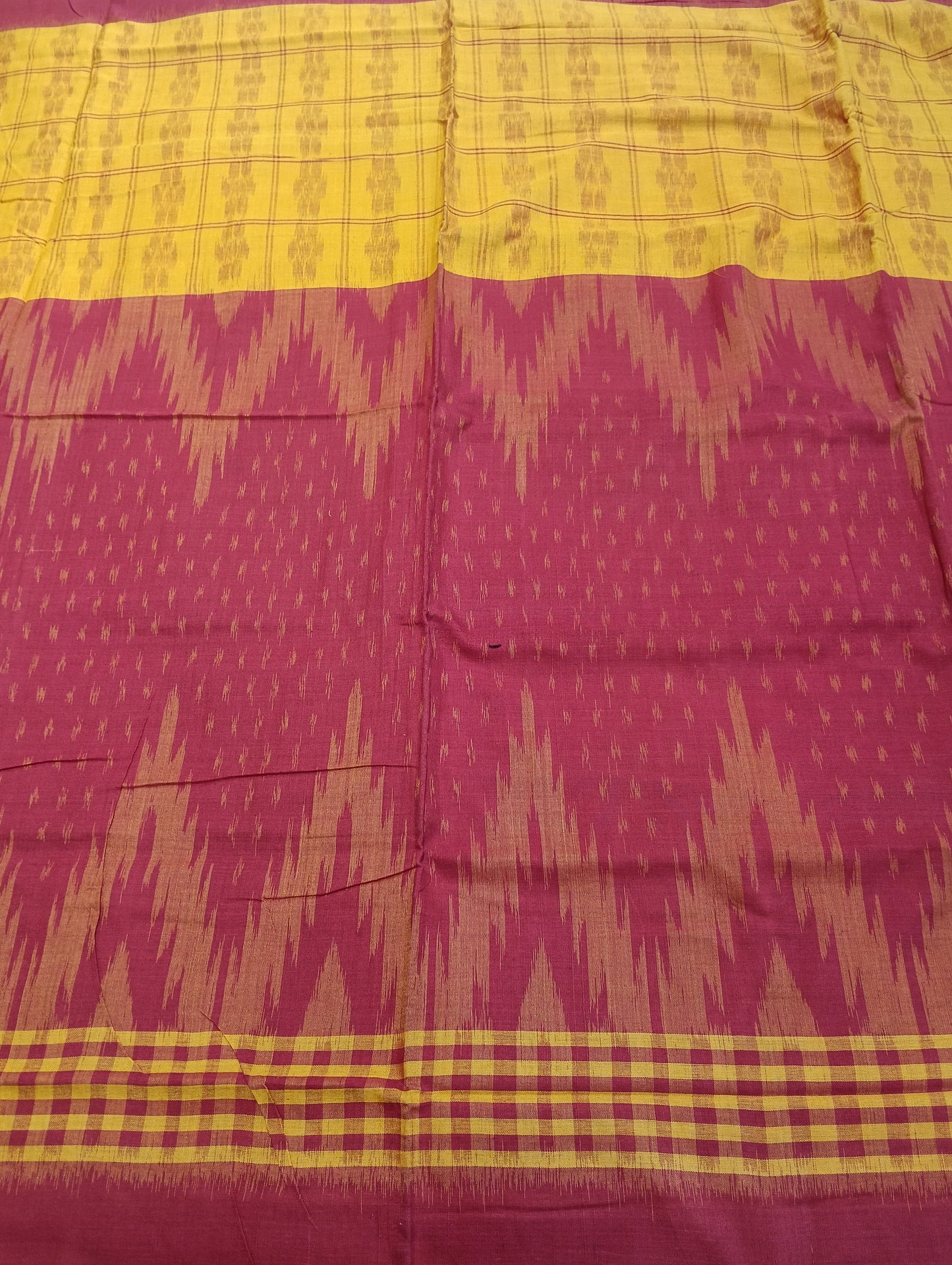 Yellow red cotton sambalpuri plain border saree (3076) - Tilottama