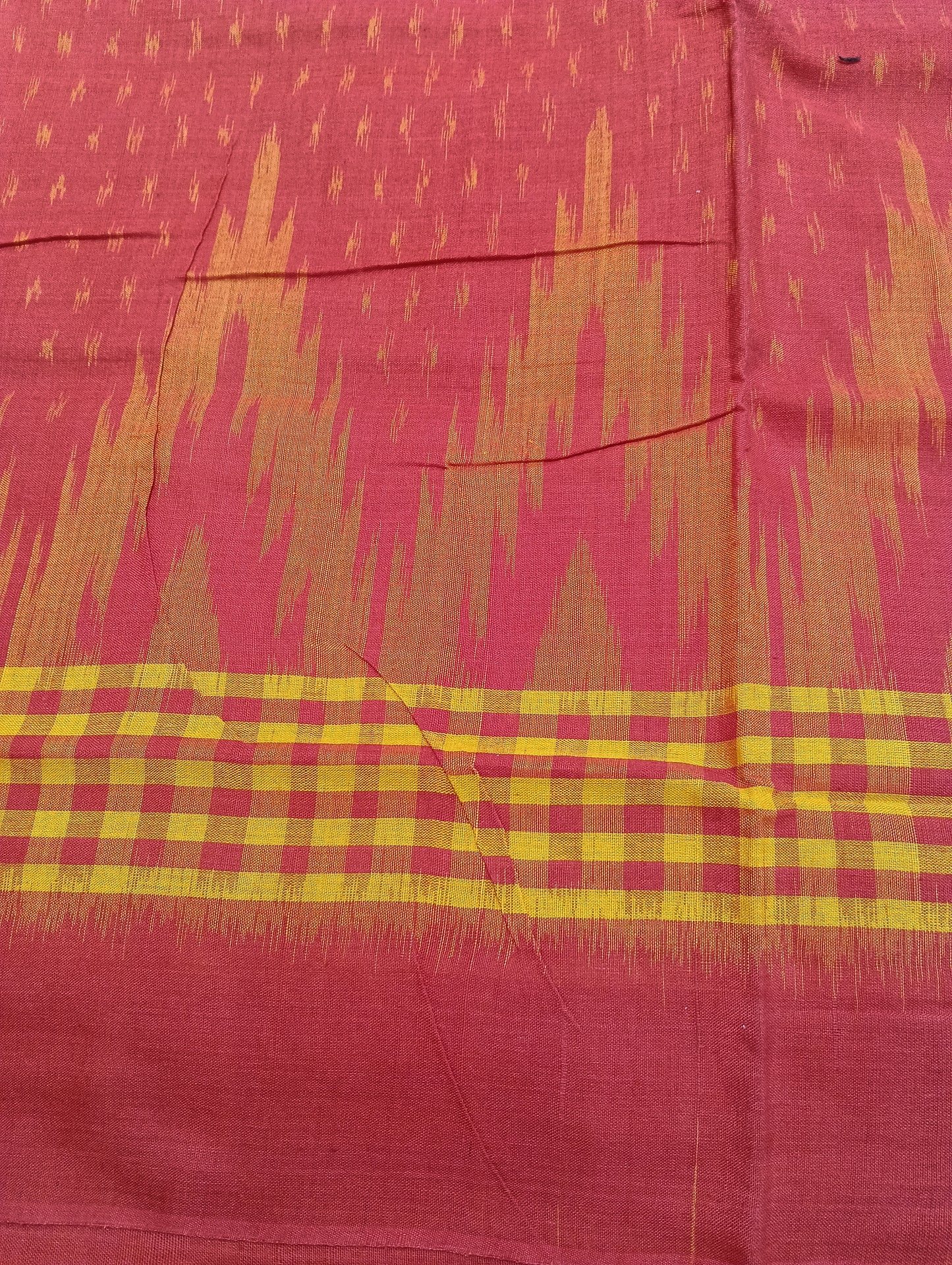 Yellow red cotton sambalpuri plain border saree (3076) - Tilottama