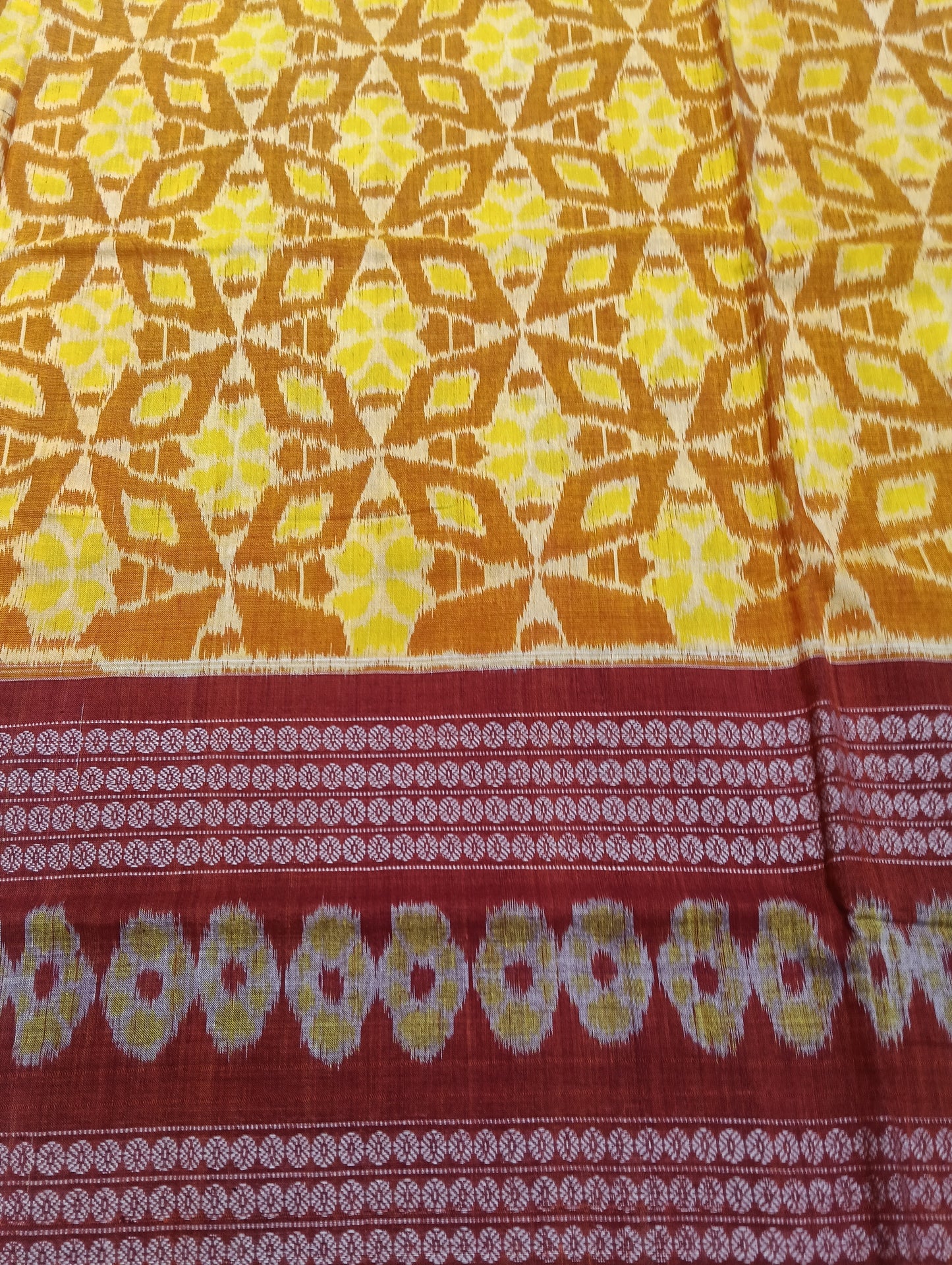 Yellow marron cotton sambalpuri saree (3049) - Tilottama
