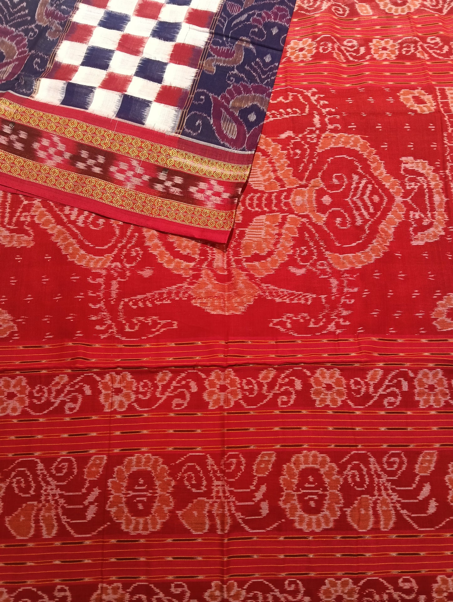 Blue red white sapta cotton sambalpuri saree (4212) - Tilottama