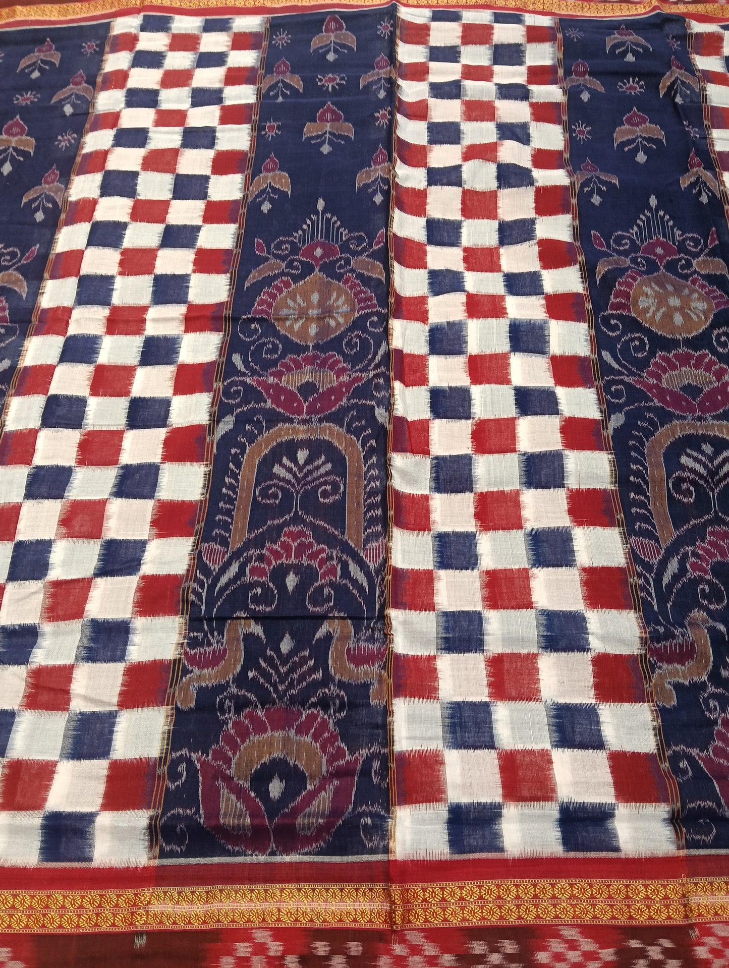 Blue red white sapta cotton sambalpuri saree (4212) - Tilottama