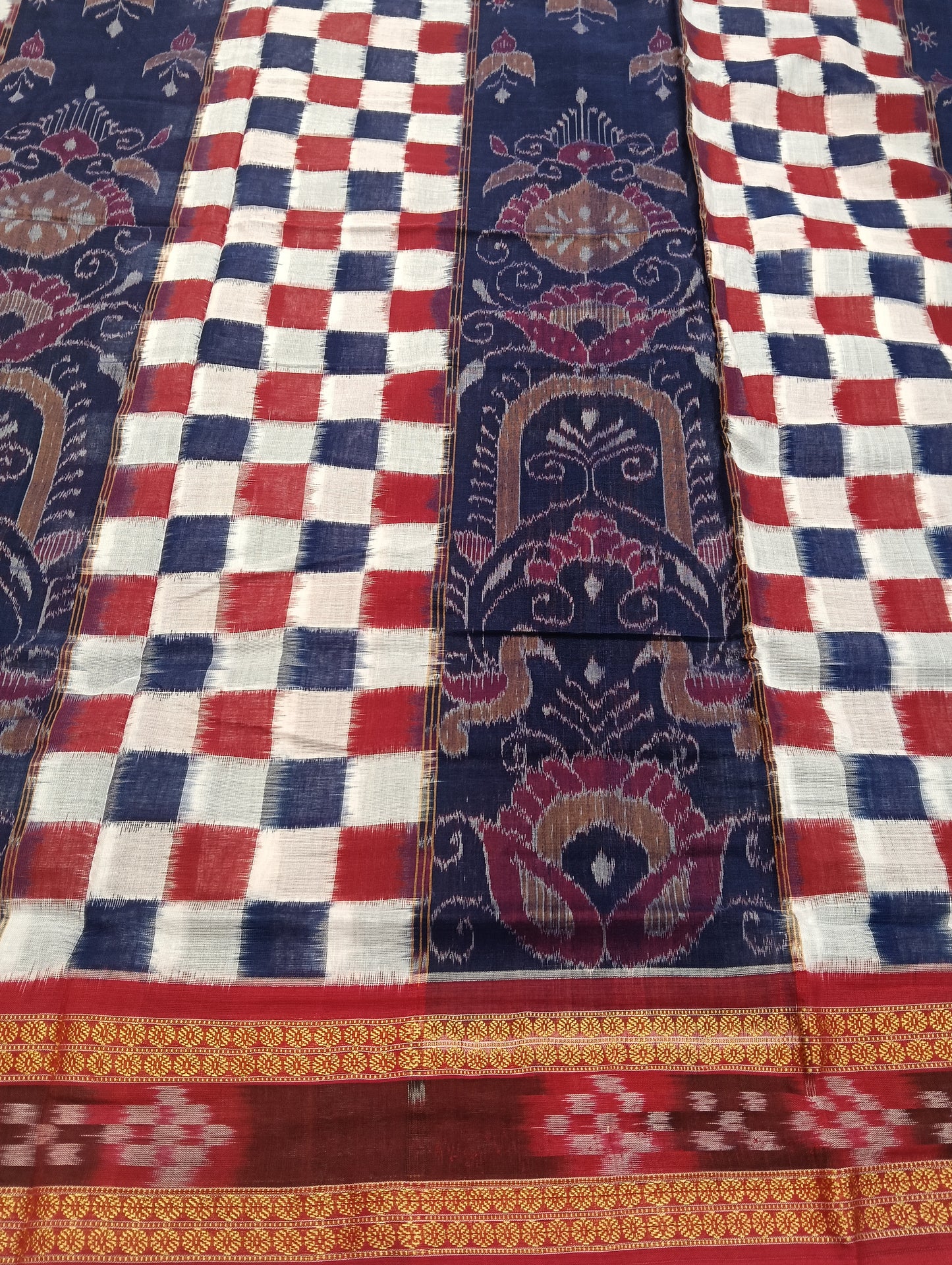 Blue red white sapta cotton sambalpuri saree (4212) - Tilottama