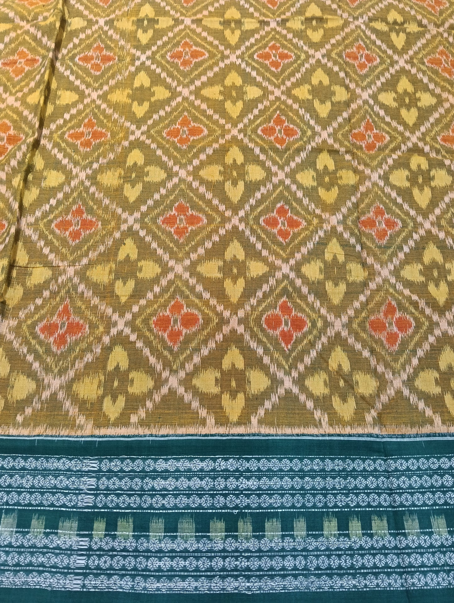 Yellow green cotton sambalpuri saree (2261) - Tilottama