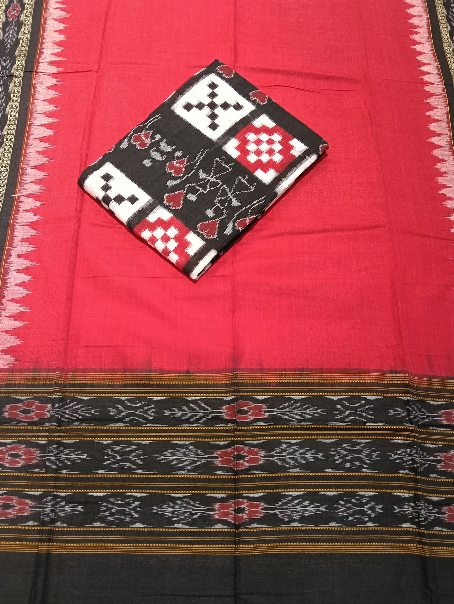 Red black white sapta sambalpuri dress material set - Tilottama