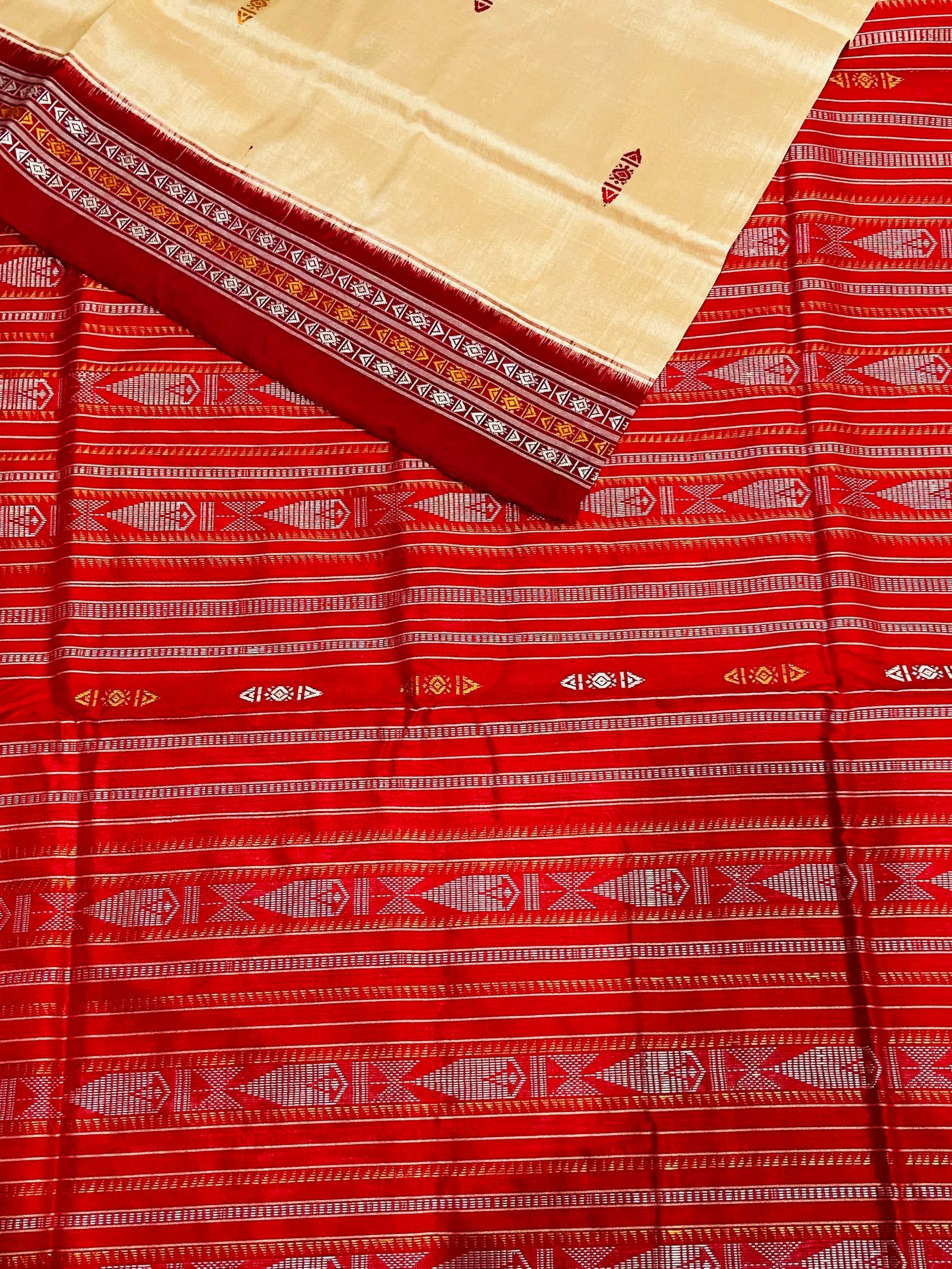 Cream and Red Habaspuri Silk Patta Saree - Tilottama