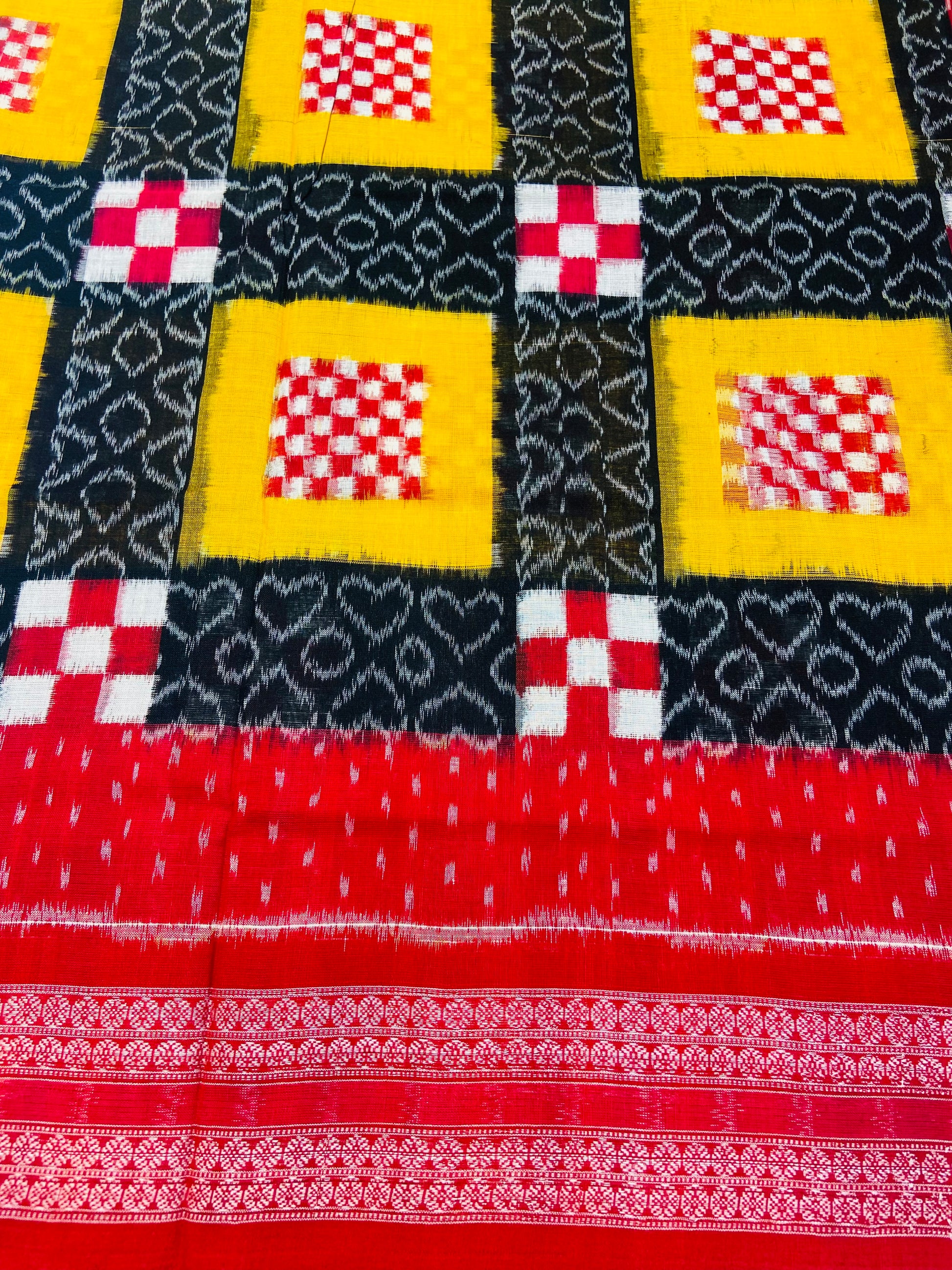 Black Yellow Red Sapta Sambalpuri Ikat Saree - Tilottama