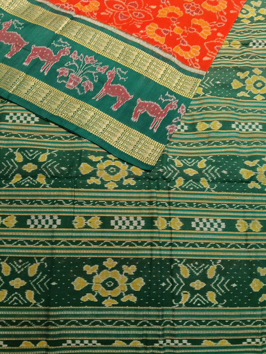 Orange Green Double Border Sambalpuri Ikat Saree - Tilottama