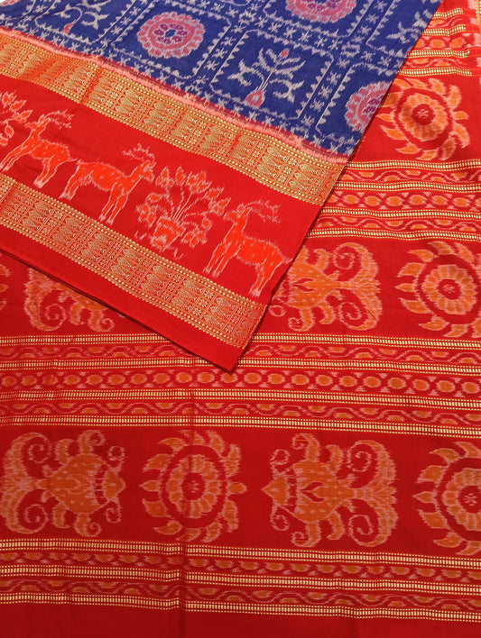Blue red double border ikart sambalpuri saree - Tilottama
