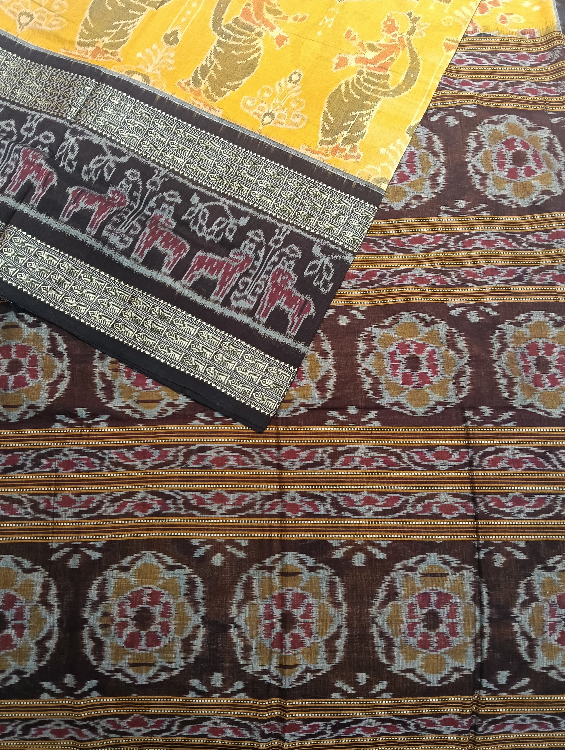 Yellow Brown double border sambalpuri ikat saree - Tilottama