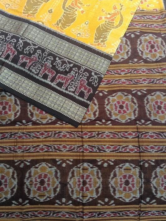 Yellow Brown double border sambalpuri ikat saree - Tilottama