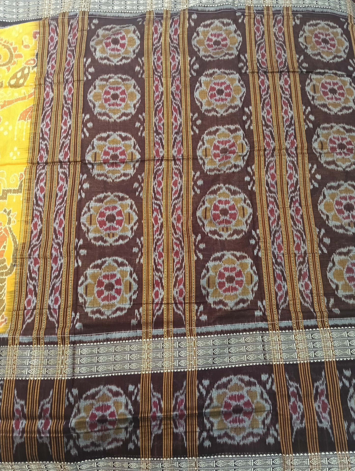 Yellow Brown double border sambalpuri ikat saree - Tilottama