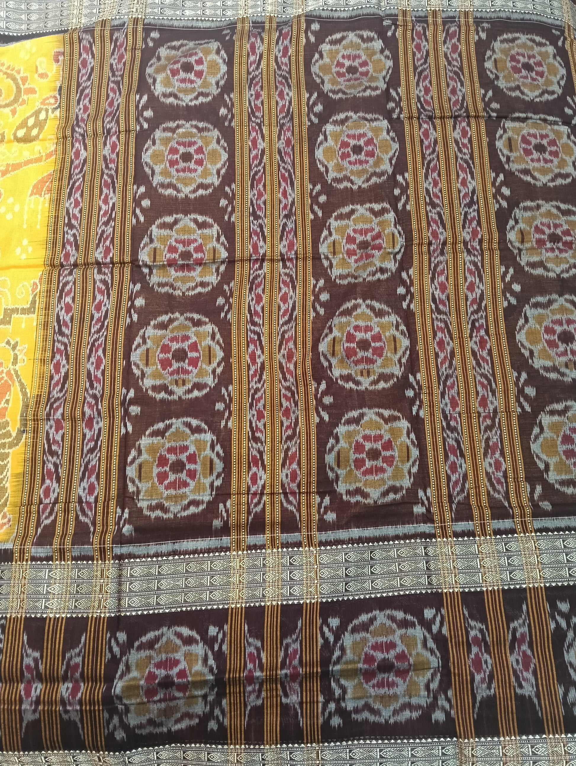 Yellow Brown double border sambalpuri ikat saree - Tilottama