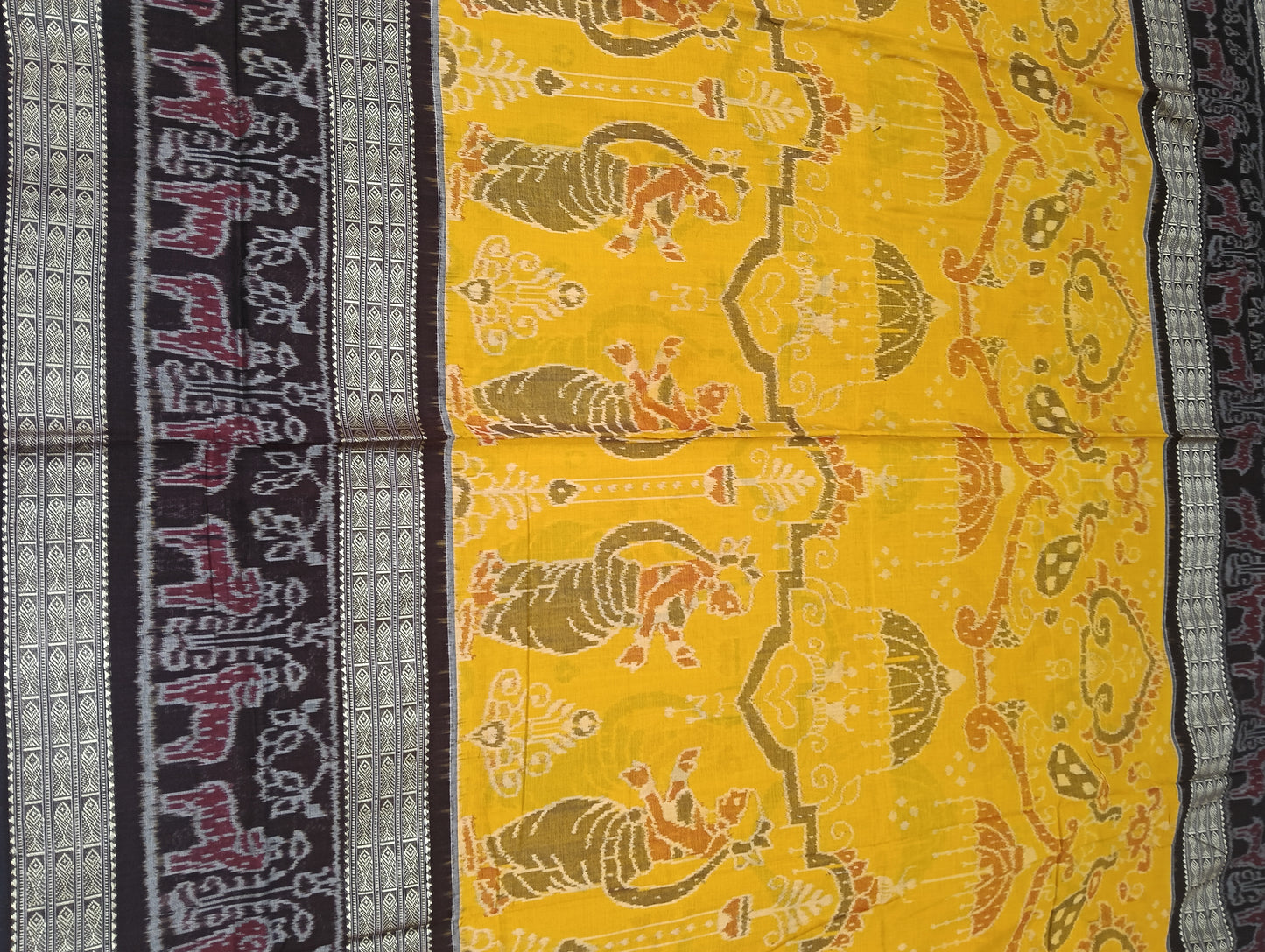 Yellow Brown double border sambalpuri ikat saree - Tilottama