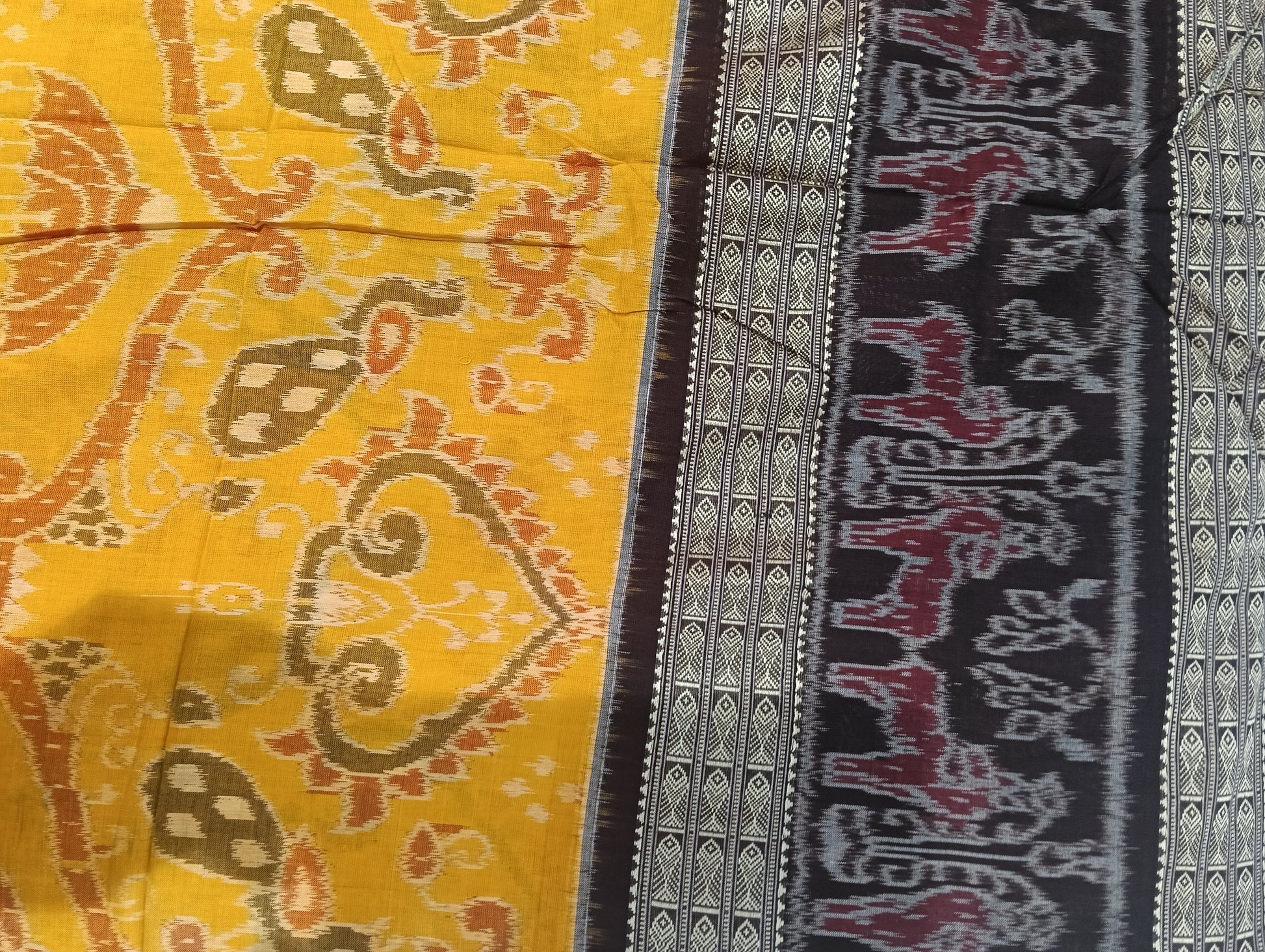 Yellow Brown double border sambalpuri ikat saree - Tilottama