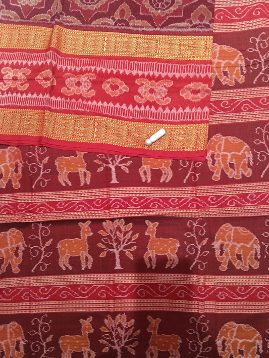 Red merron double border ikat sambalpuri saree - Tilottama