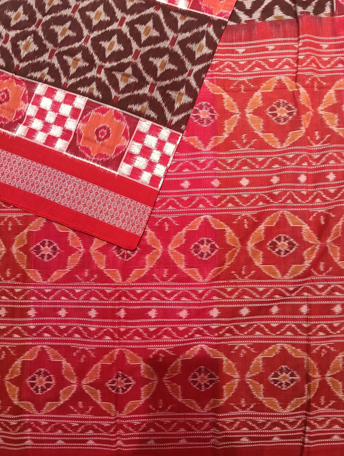 Brown red white sapta sambalpuri saree - Tilottama