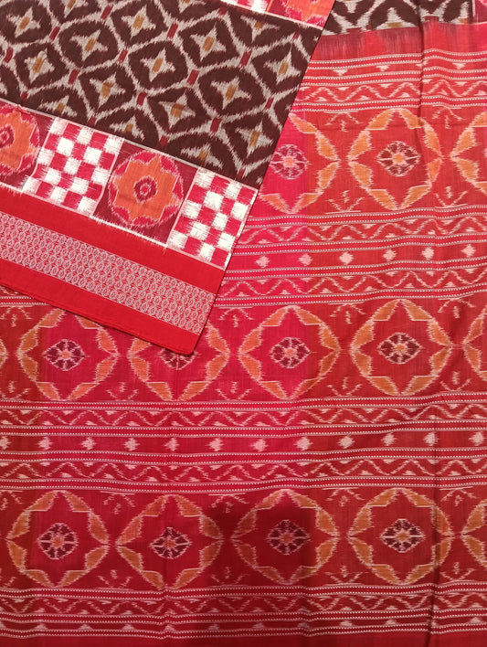Brown red white sapta sambalpuri saree - Tilottama