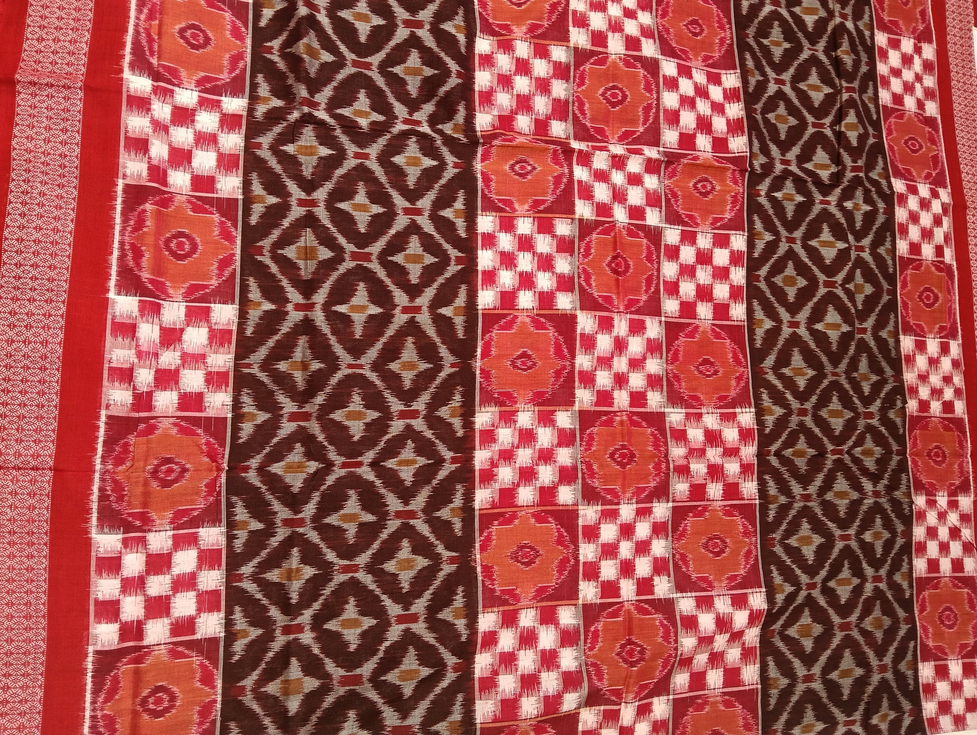 Brown red white sapta sambalpuri saree - Tilottama
