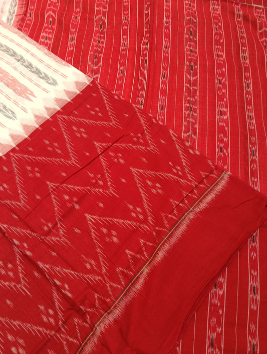 Red white plane border cotton sambalpuri saree - Tilottama