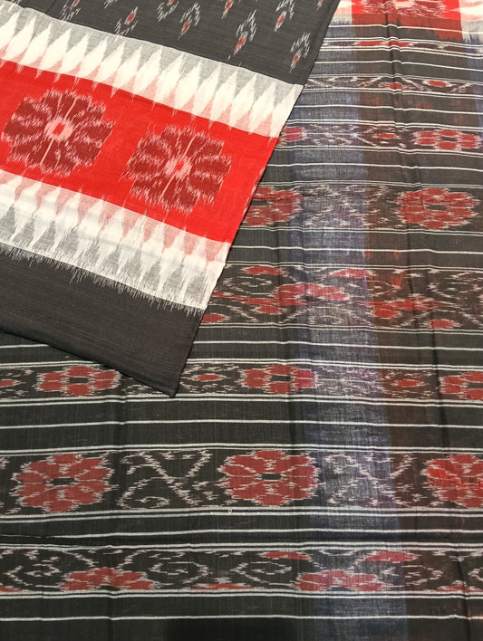 Red white and black plane border cotton sambalpuri saree - Tilottama