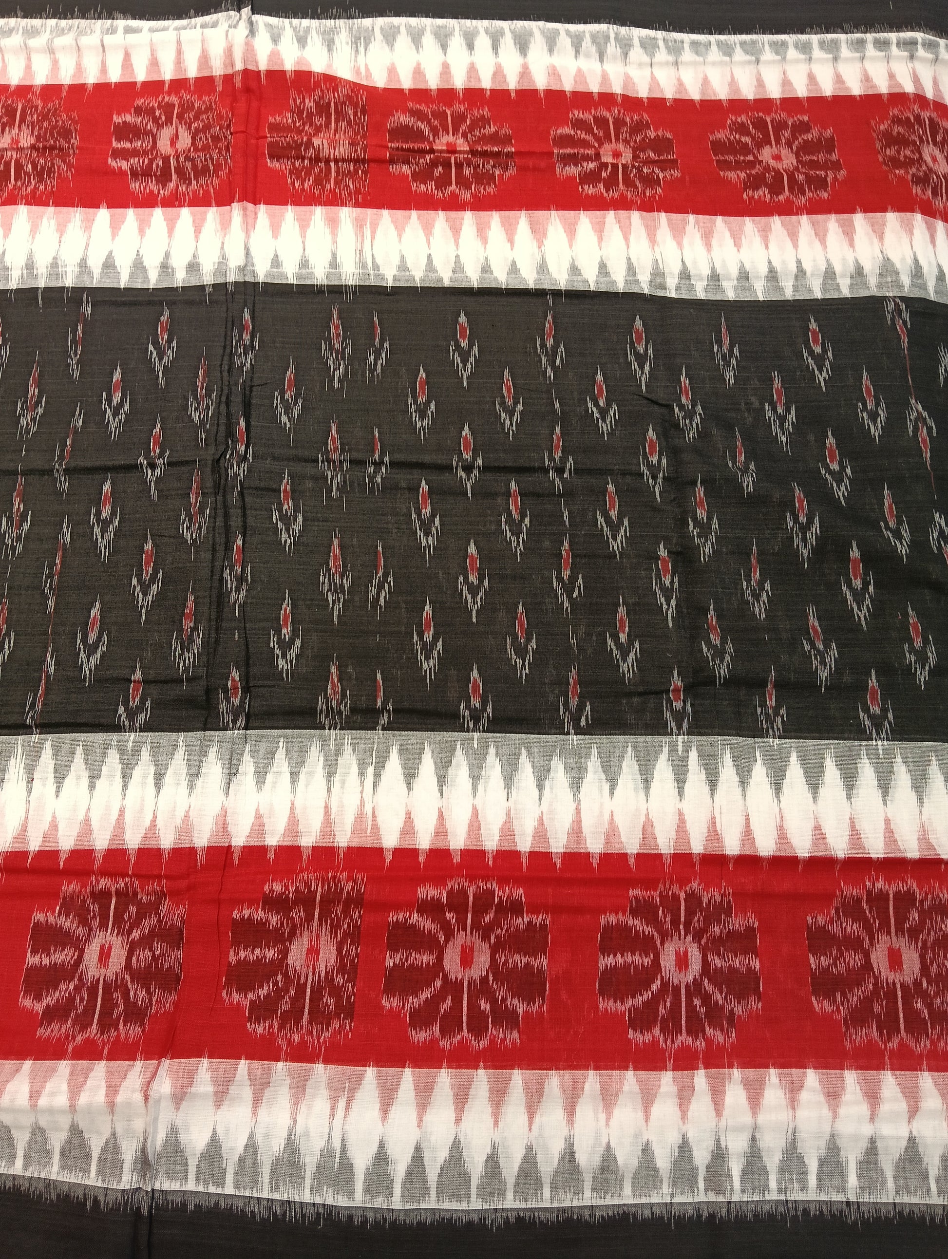 Red white and black plane border cotton sambalpuri saree - Tilottama