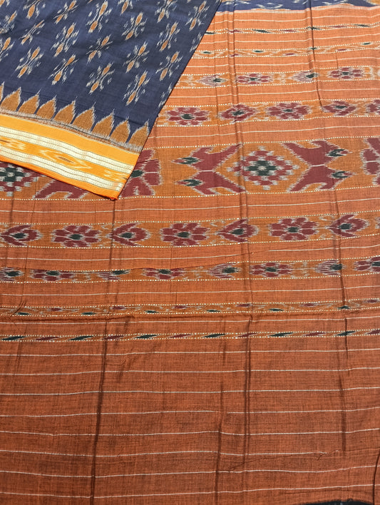 Blue orange cotton sambalpuri saree - Tilottama